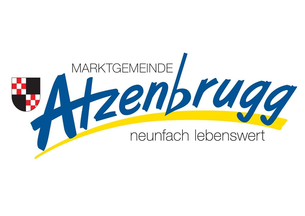 Logo of the market town of Atzenbrugg with coat of arms and slogan 'neunfach lebenswert'.