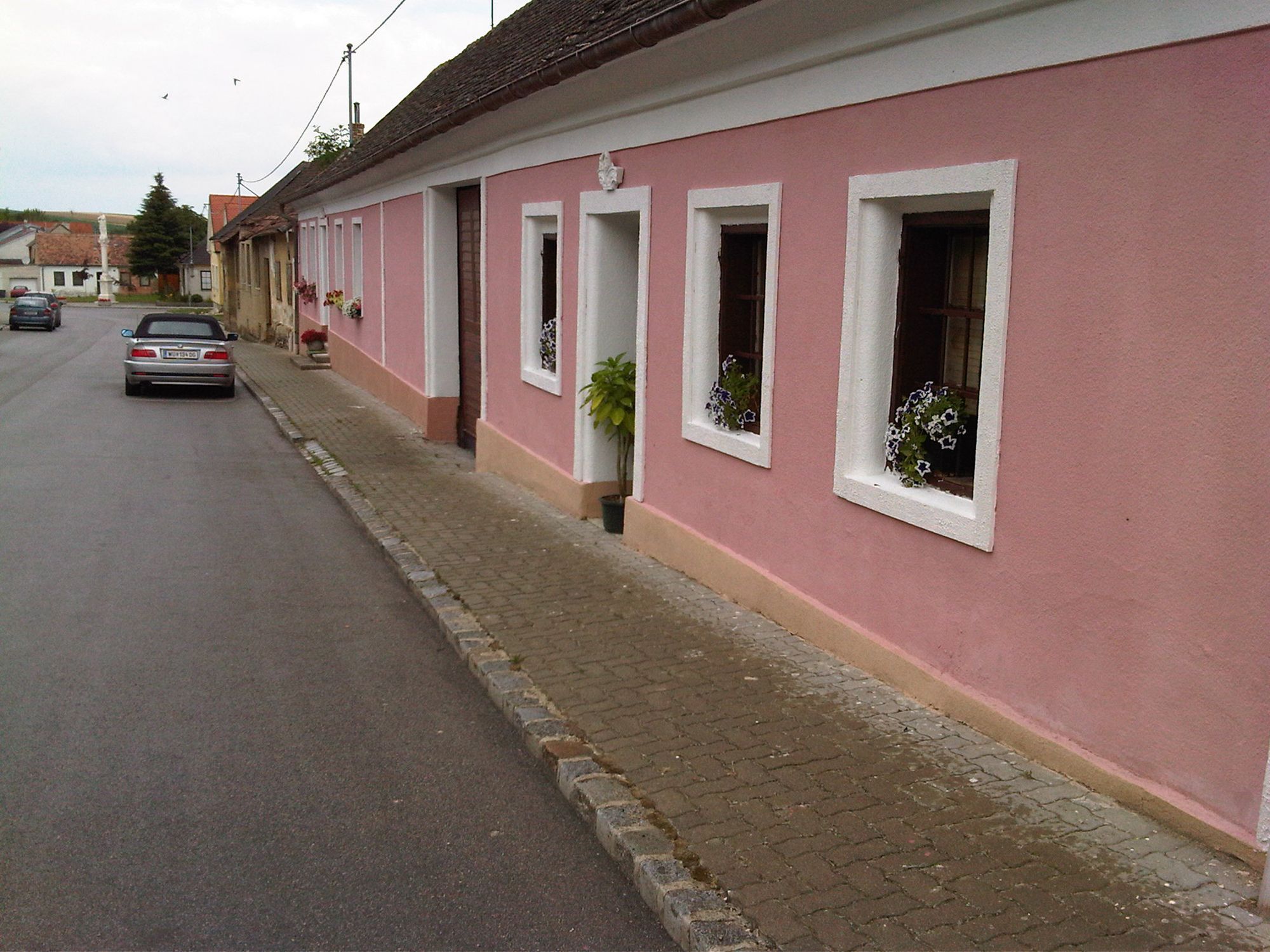 Street view with pink house and parked car.