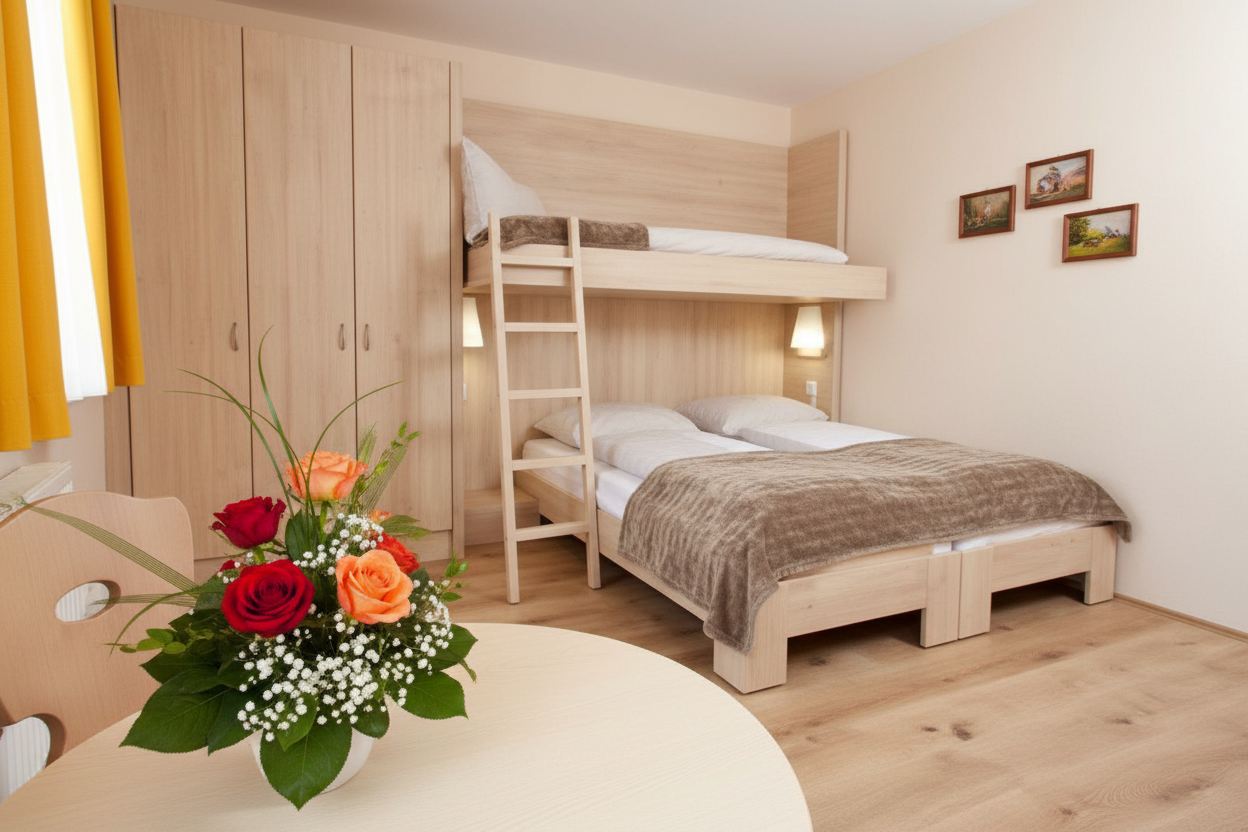 A cozy hotel room with a double bed and a bunk bed, a wooden table with a bouquet of flowers and a closet.