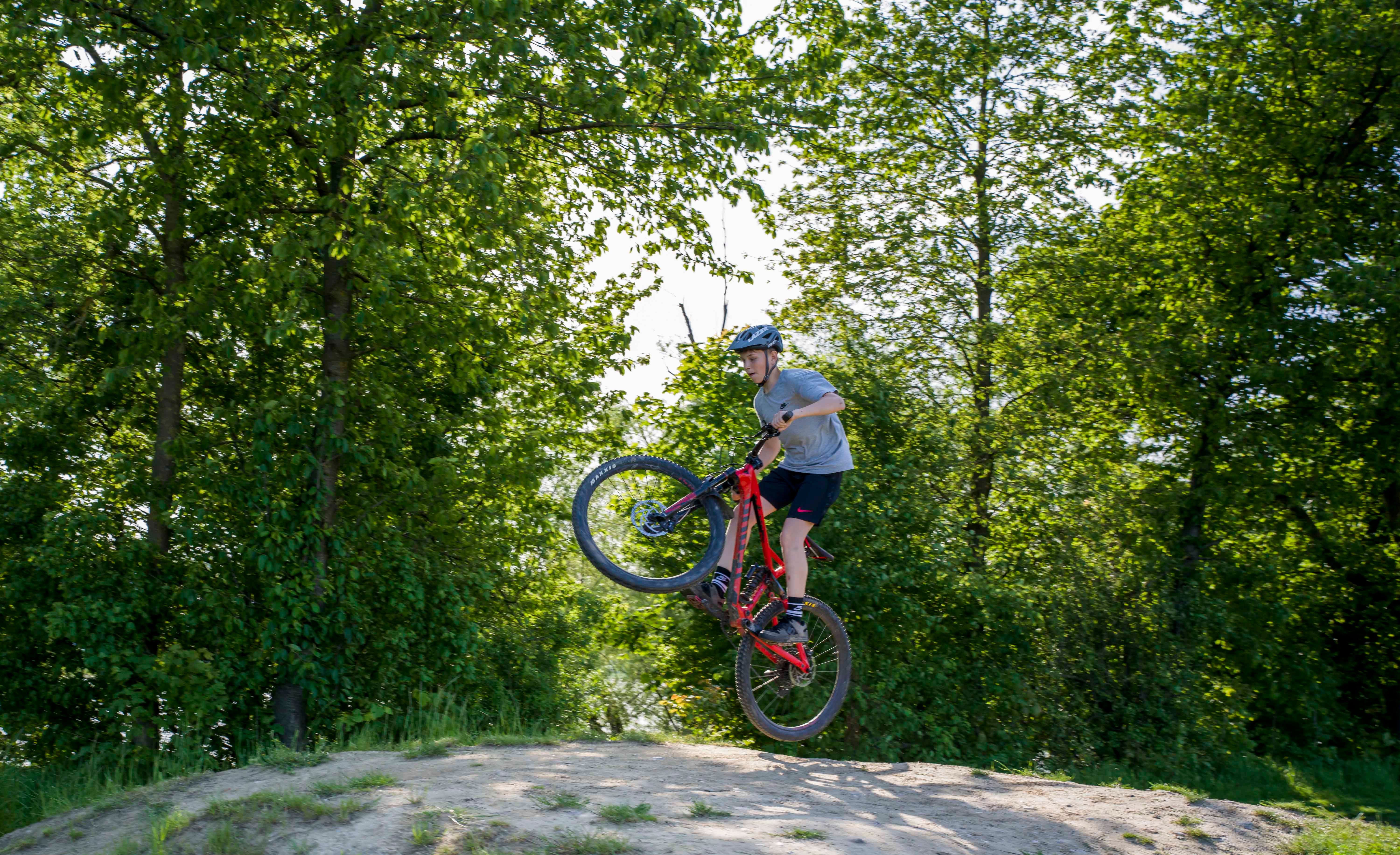 Person on a mountain bike makes a jump in a wooded area.