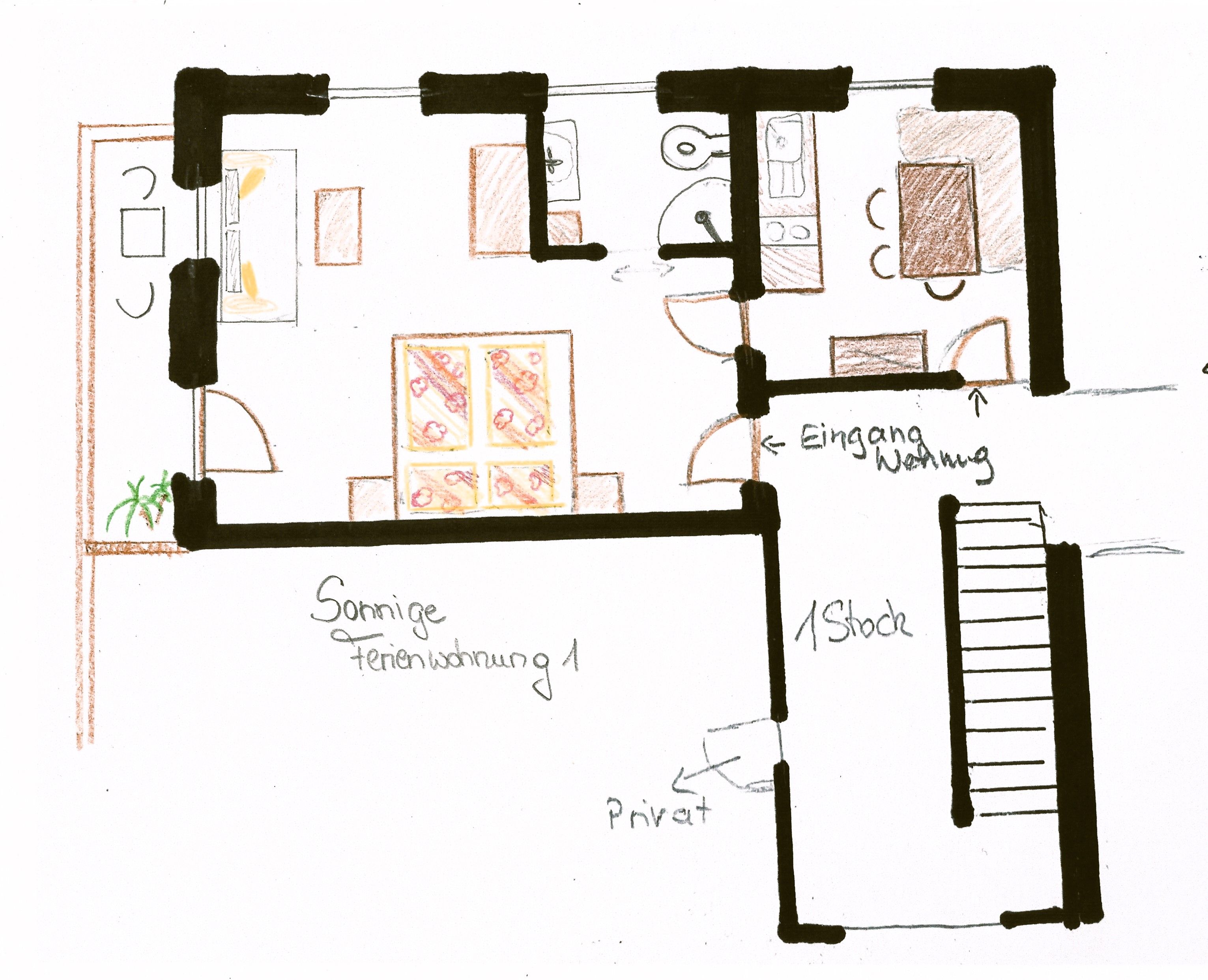 Hand-drawn floor plan of a vacation apartment with labels for the rooms and entrances.