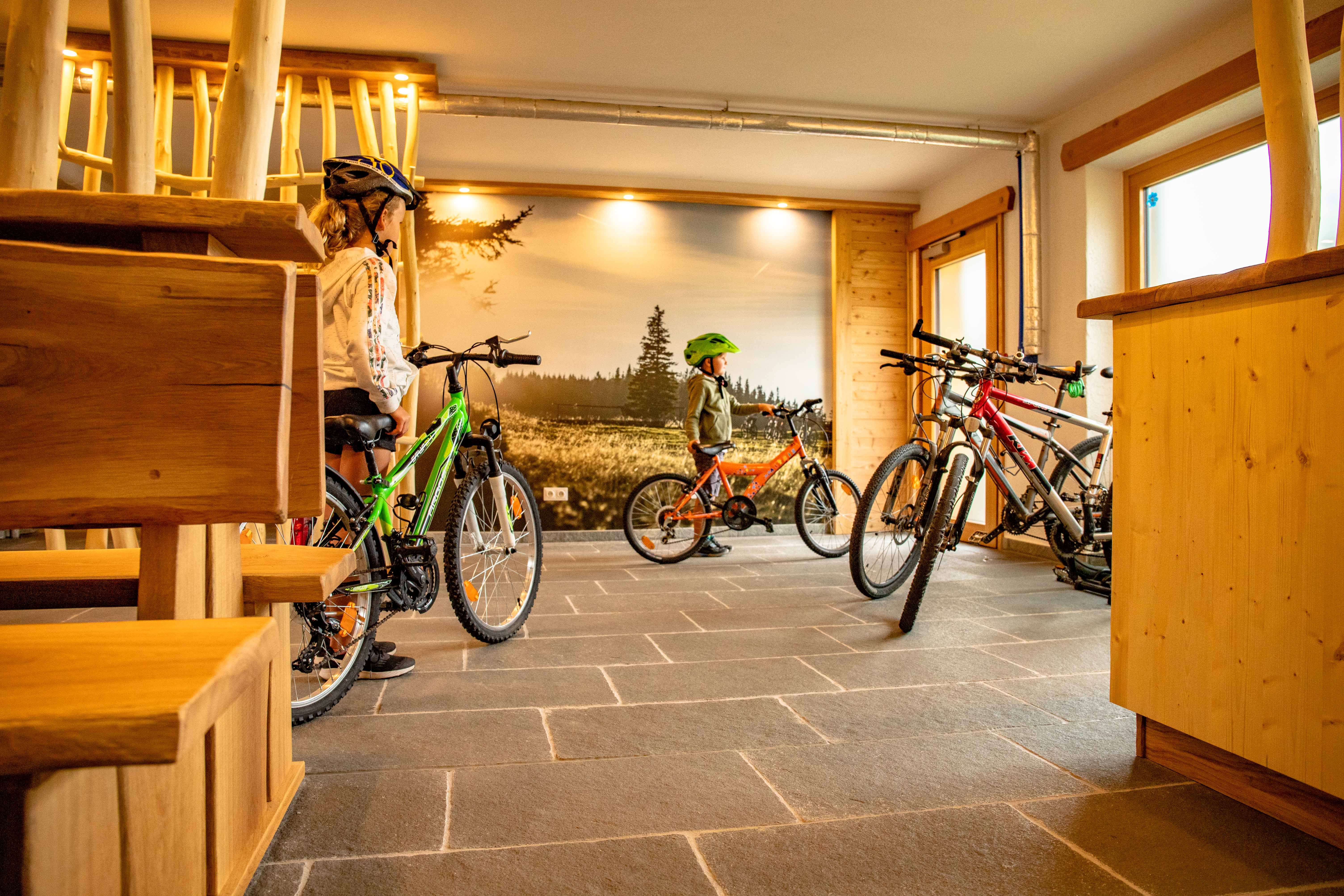 Children with bicycles in a room with wooden furniture and landscape photo wallpaper.