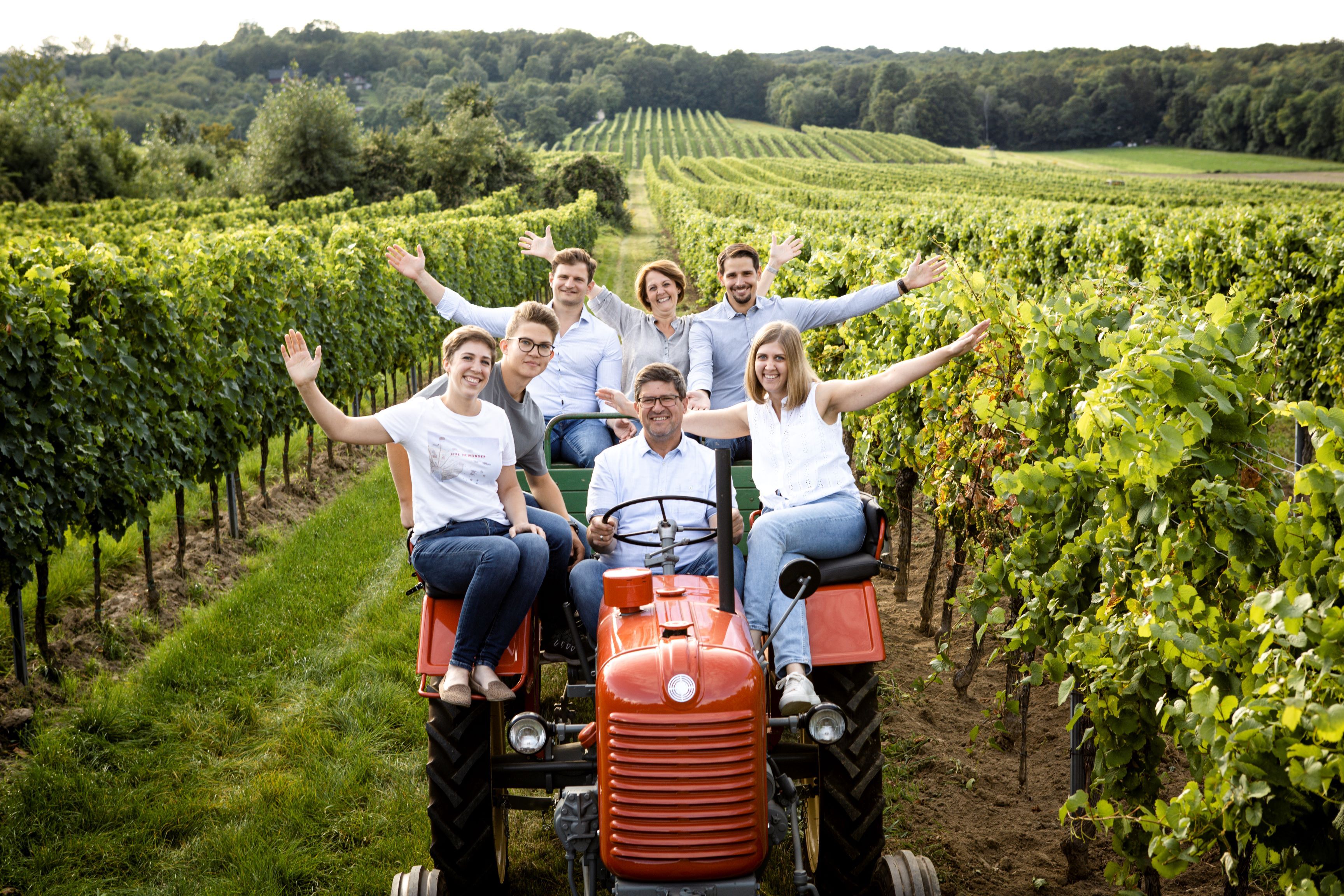 Group of people on a tractor in a vineyard.