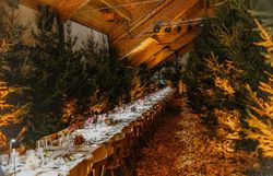 Halle mit Bäumen und Laub dekoriert, gedeckte Tafel