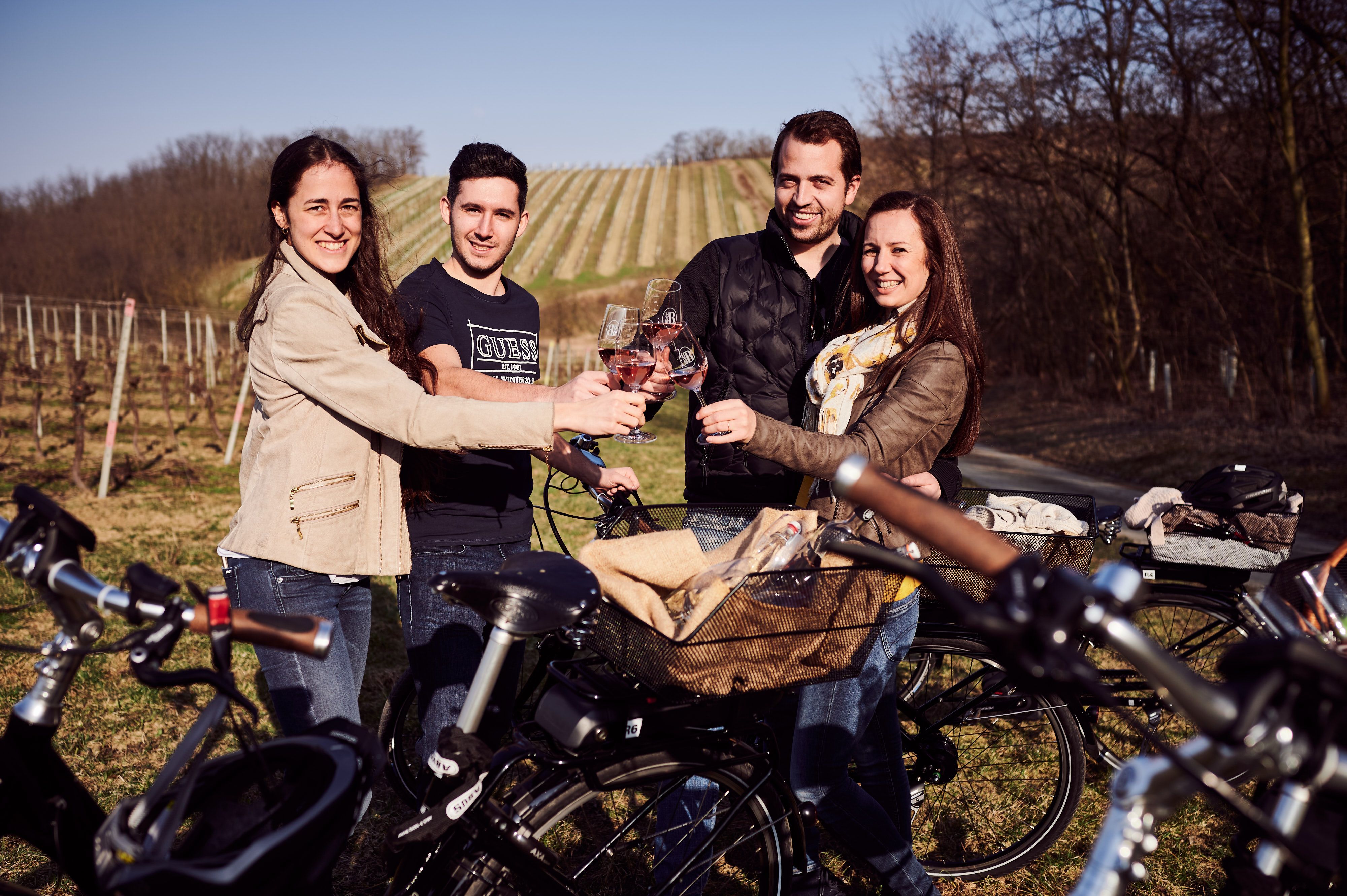 Four people clink glasses of wine while standing next to e-bikes in a vineyard.