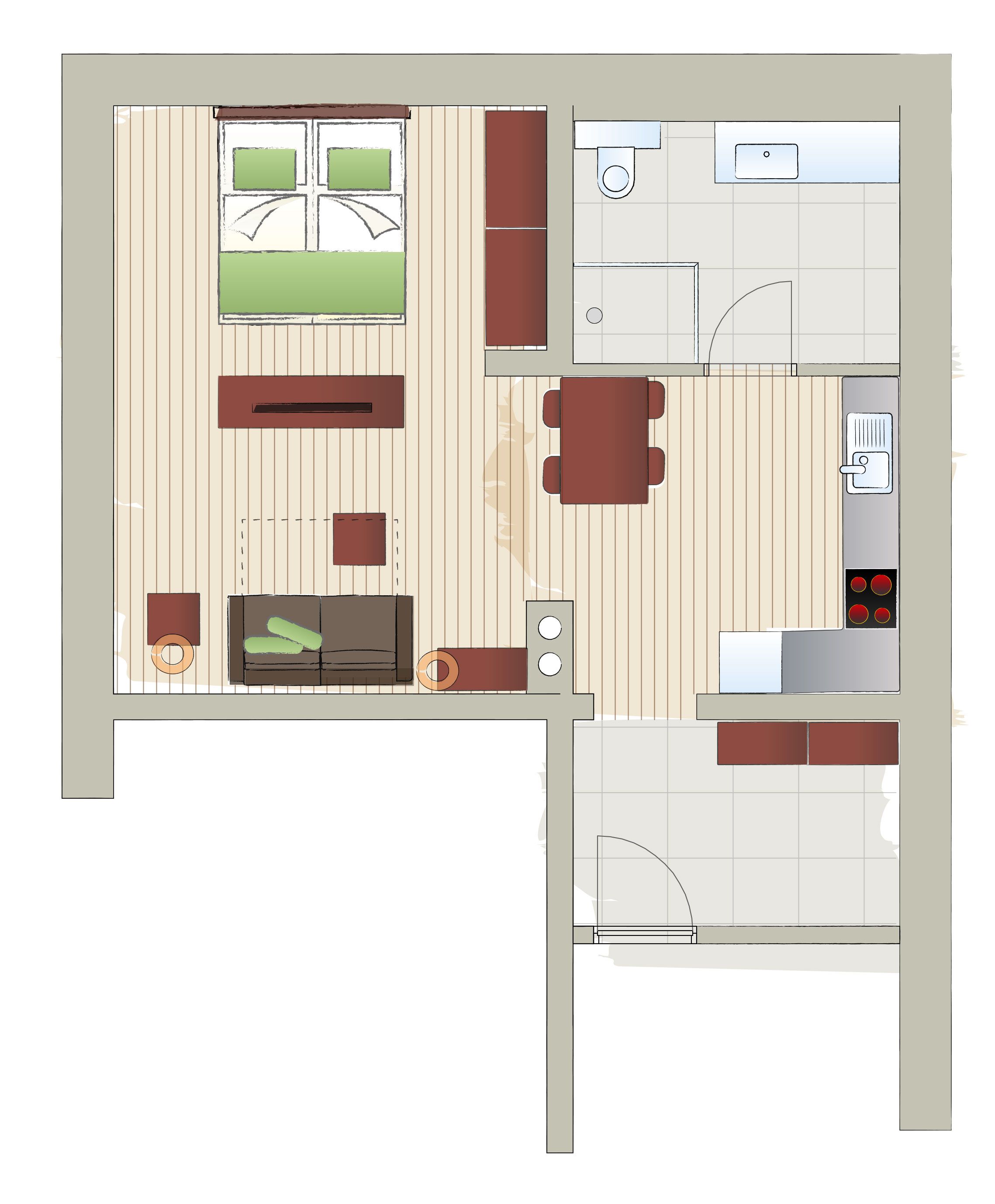Floor plan of an apartment with bedroom, living room, kitchen and bathroom.