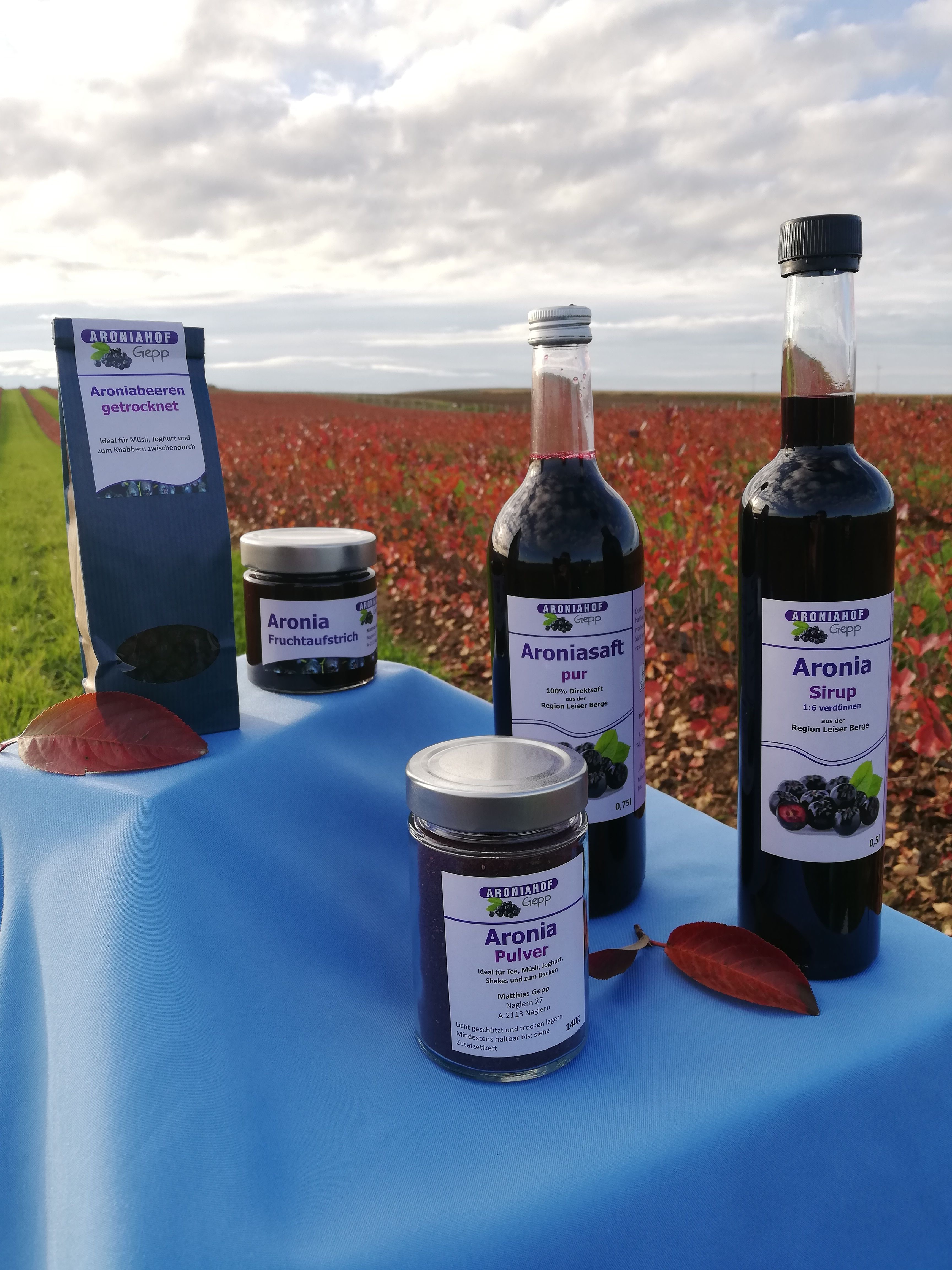 Products from Aroniahof Gepp on a table in front of a field.