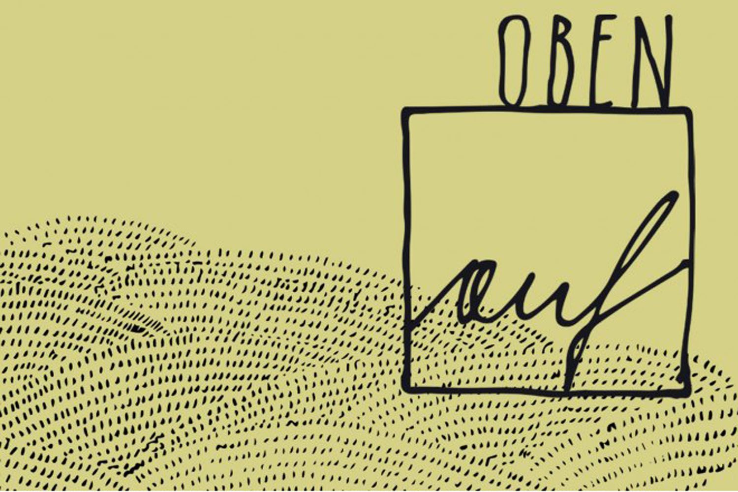 Graphic with the word 'OBEN' over a rectangle containing the word 'auf' on a light green background with black strokes.