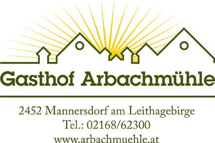 Logo of the Gasthof Arbachmühle with stylized houses and sunbeams.