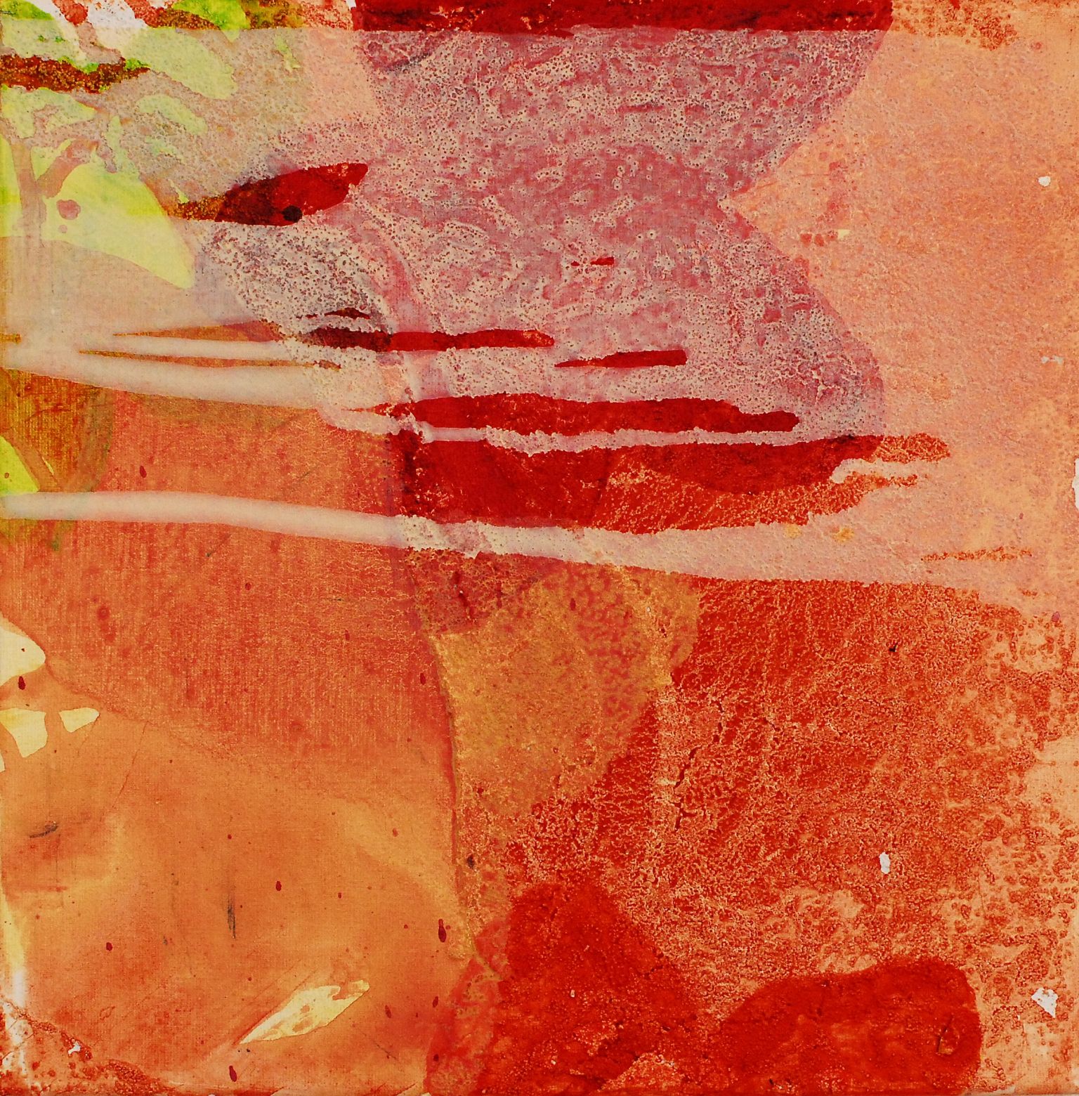 Abstract artwork with red and orange textures.