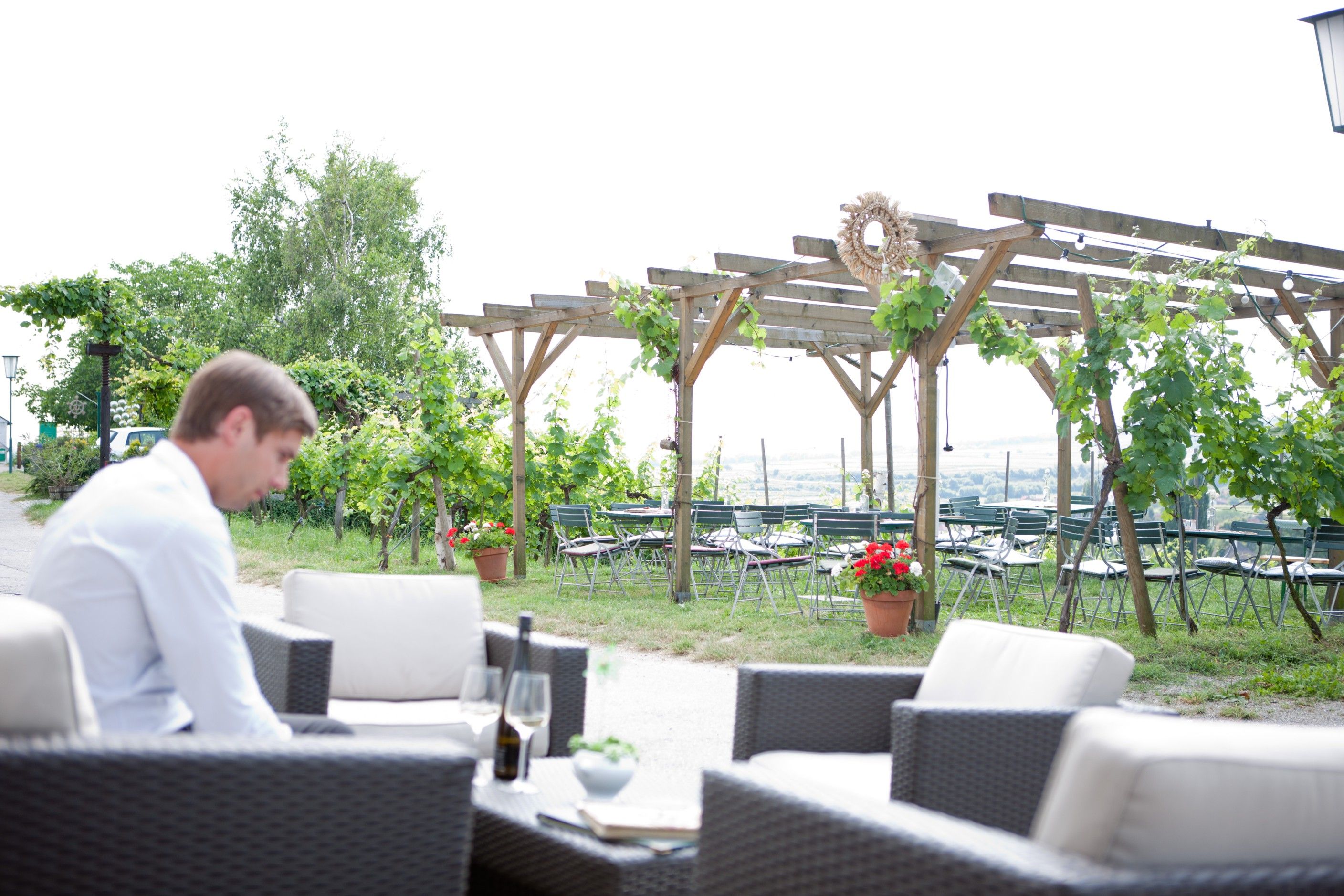A man sits in a garden with vines and empty tables in the background.