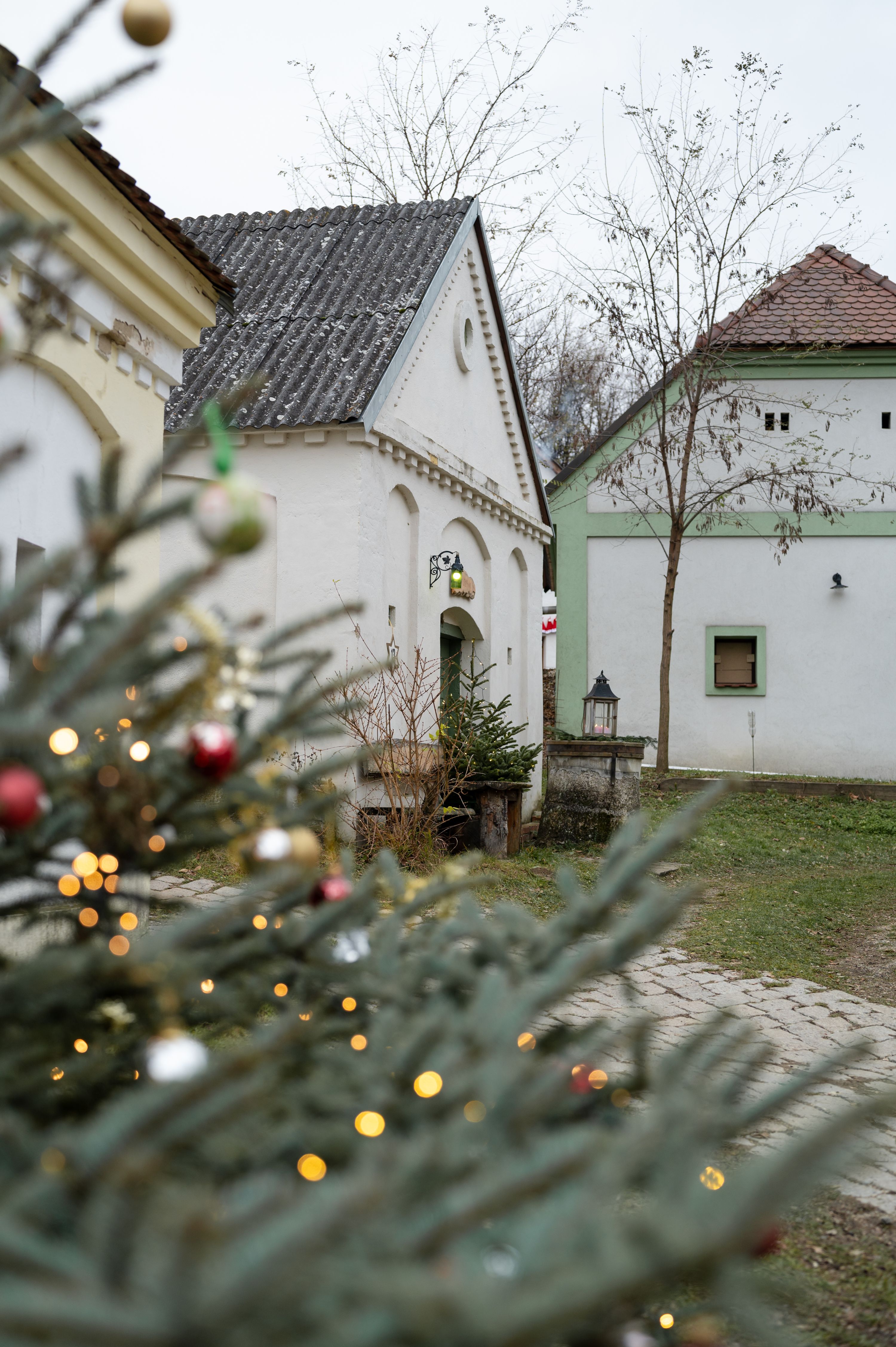 Houses decorated for Christmas in Unterstinkenbrunn, Loamgrui.