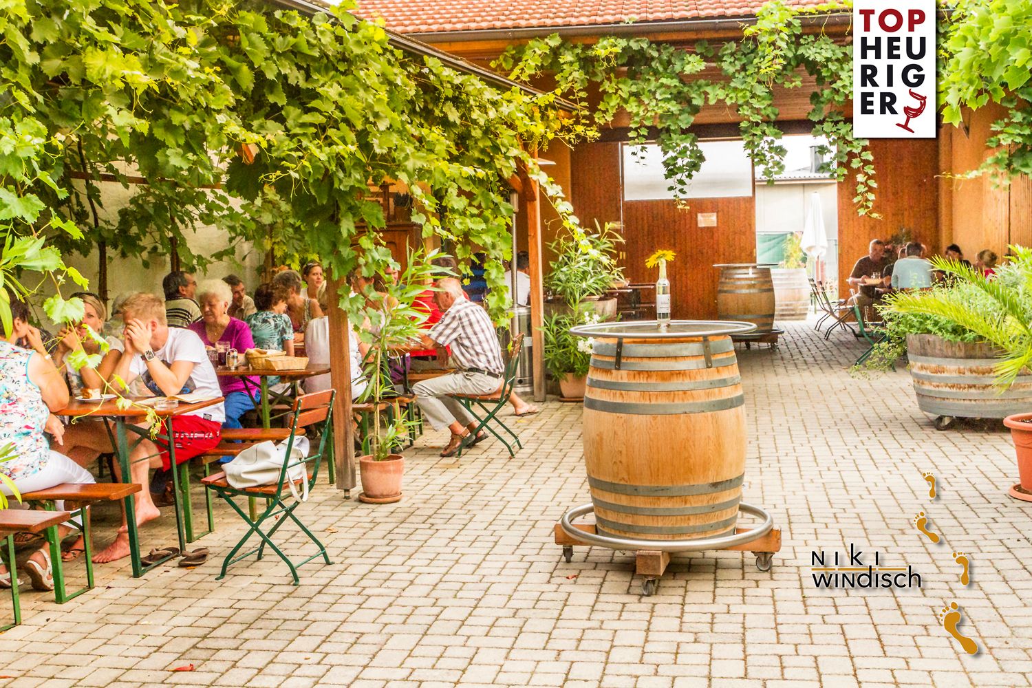 A cozy wine tavern with guests under an arbor of vines.