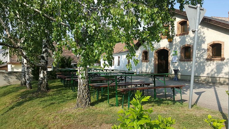Outdoor area of a wine tavern with beer tables under trees.