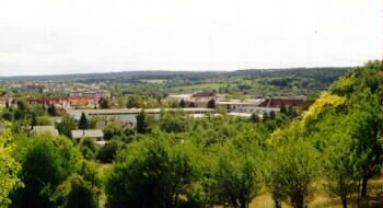 Panoramic view of a green landscape with trees and buildings in the background.