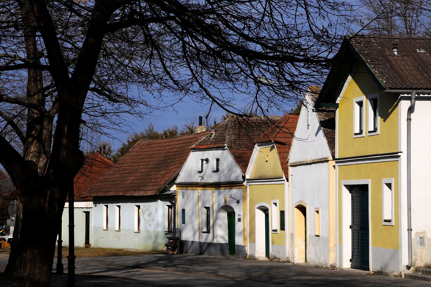 Row of traditional wine cellars in Nappersdorf, Austria, with colorful facades and trees in the foreground.