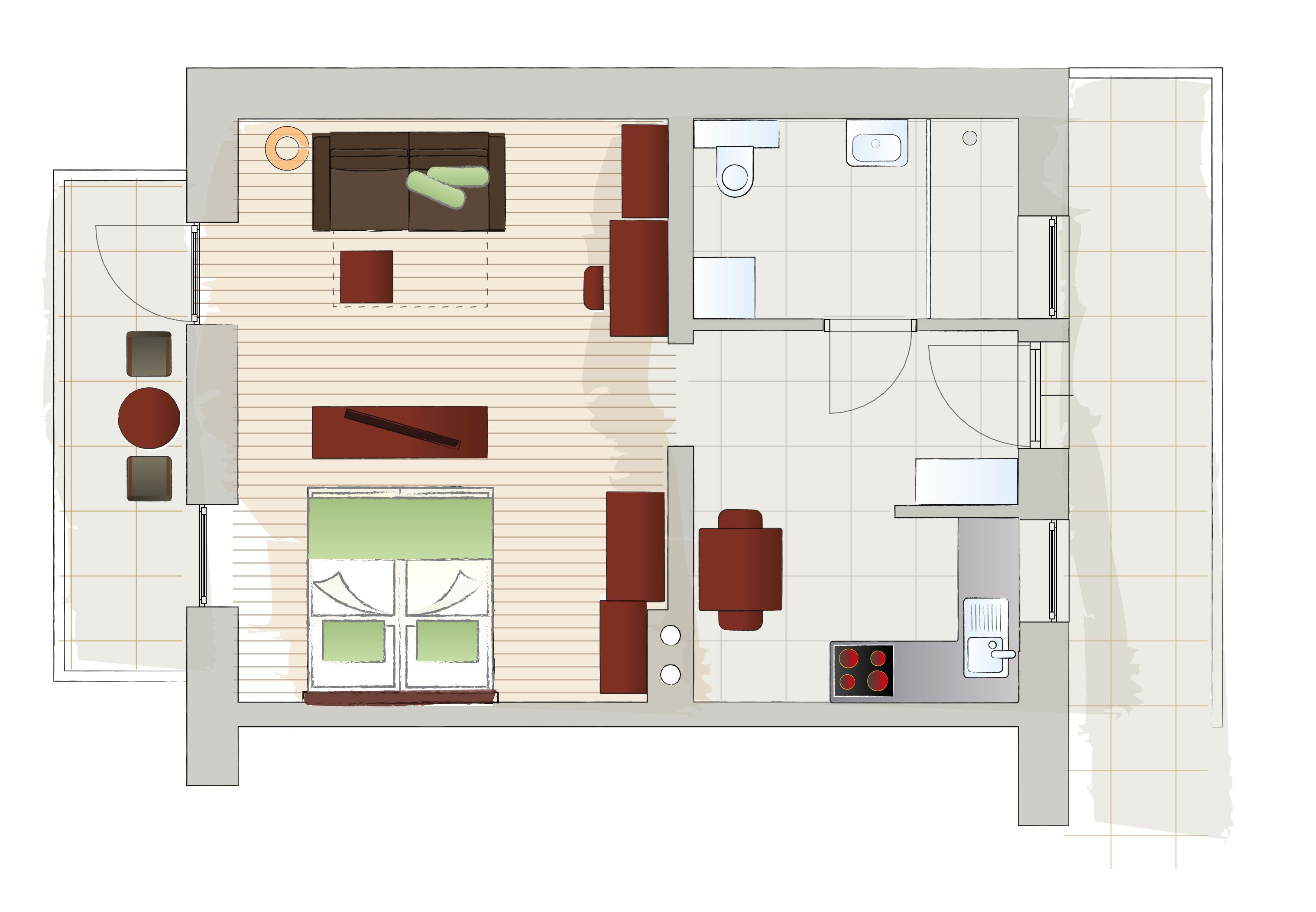 Floor plan of an apartment with living room, bedroom, kitchen, bathroom and balcony.