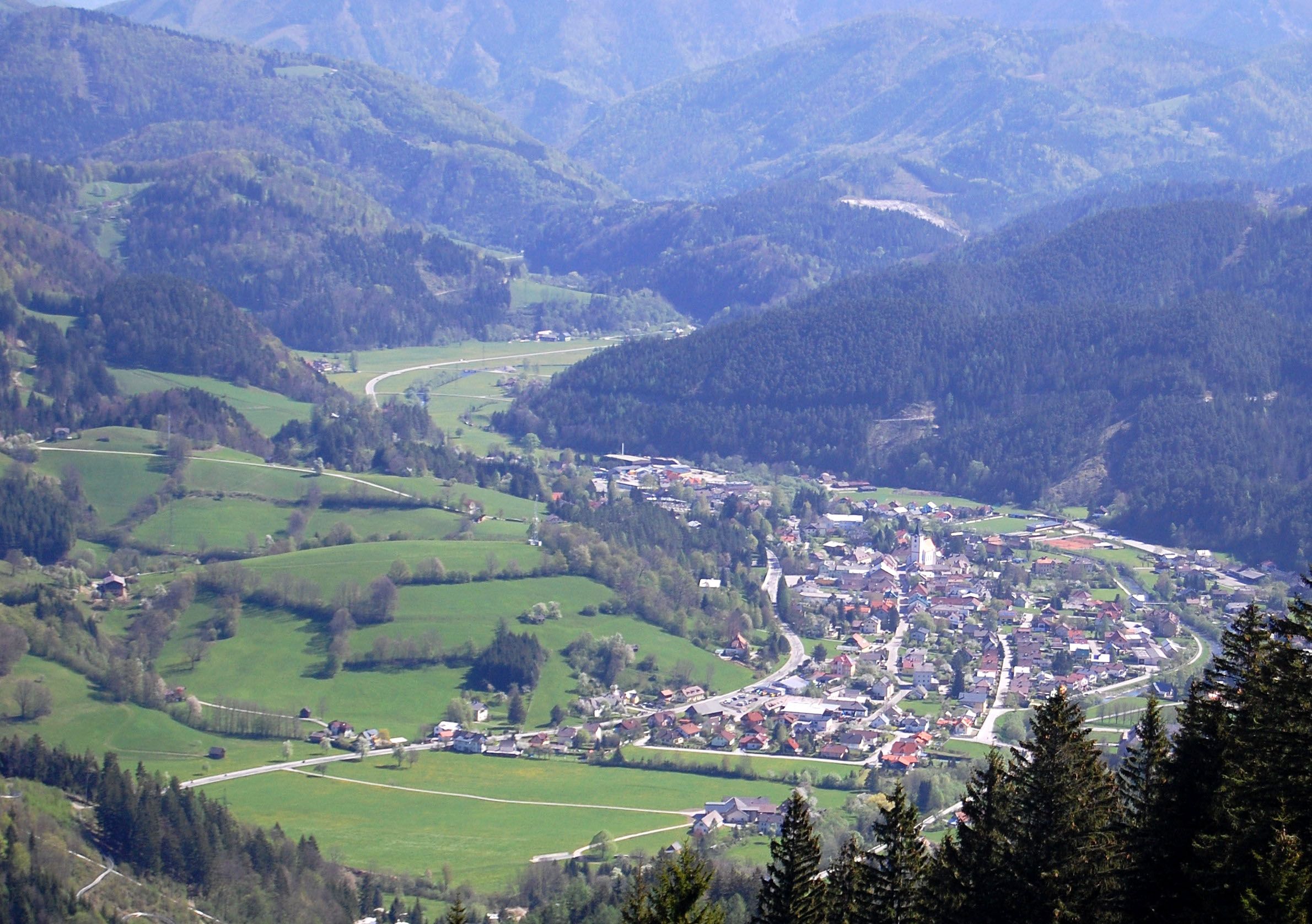 Panoramic view of the village of Türnitz, surrounded by green hills and forests.