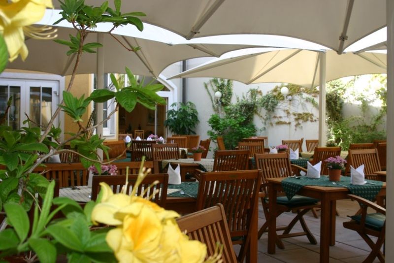 A cozy guest garden with wooden furniture and parasols, surrounded by plants.