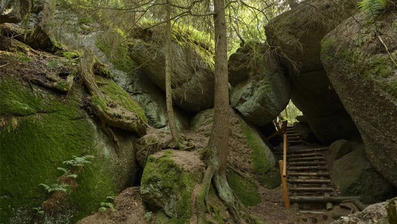 Rock formation with moss-covered stones and trees, wooden staircase leads through the rocks.