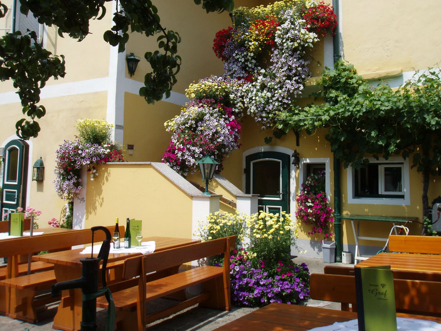 A cozy Heurigen garden with wooden benches, tables and blooming flowers next to a yellow building.