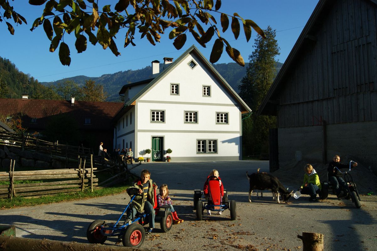 Children playing on a farm with Kettcars and a goat in the foreground.