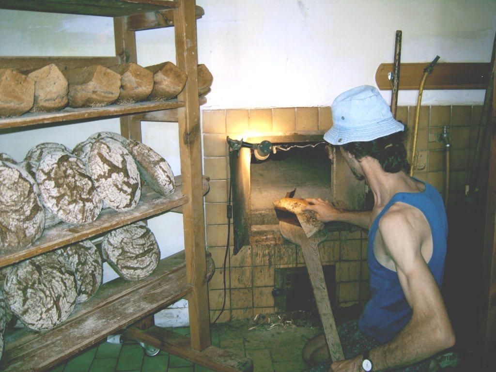 A baker in a blue tank top and hat takes bread out of an oven. Shelves with loaves of bread can be seen in the background.