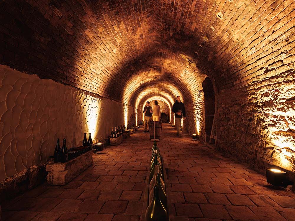 An illuminated vaulted cellar with wine bottles and two people in the background.