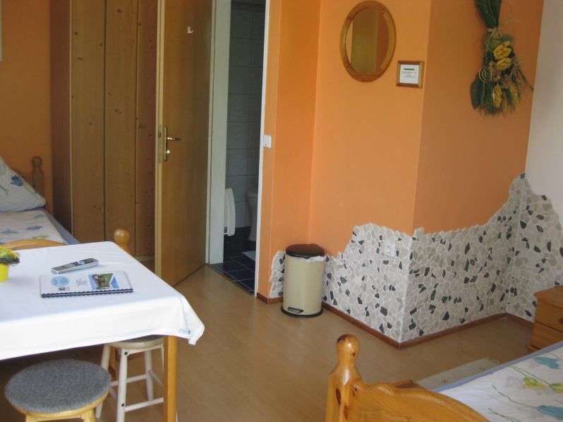 A cozy room with wooden furniture, a table, chairs and an open bathroom.