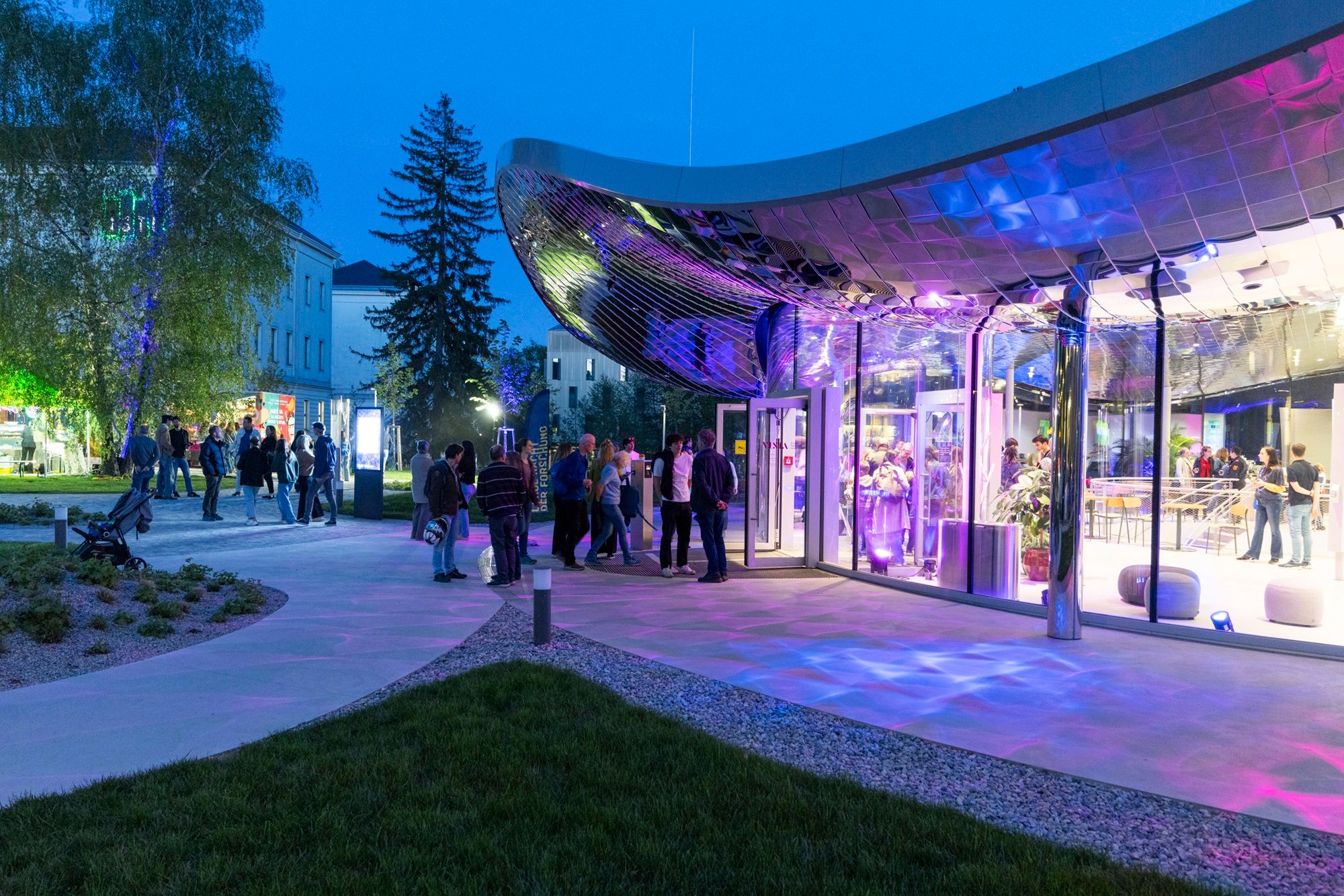 Entrance of the Institute of Science and Technology in Klosterneuburg by night