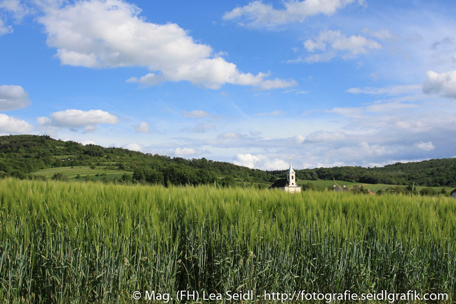 Landscape with green field, church in the background and blue sky with clouds.