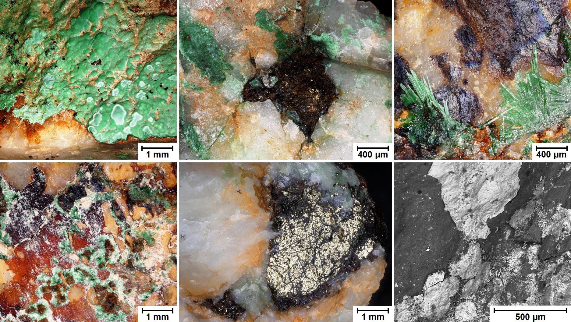 Microscopic images of copper ore from Prigglitz with green, brown and metallic structures.