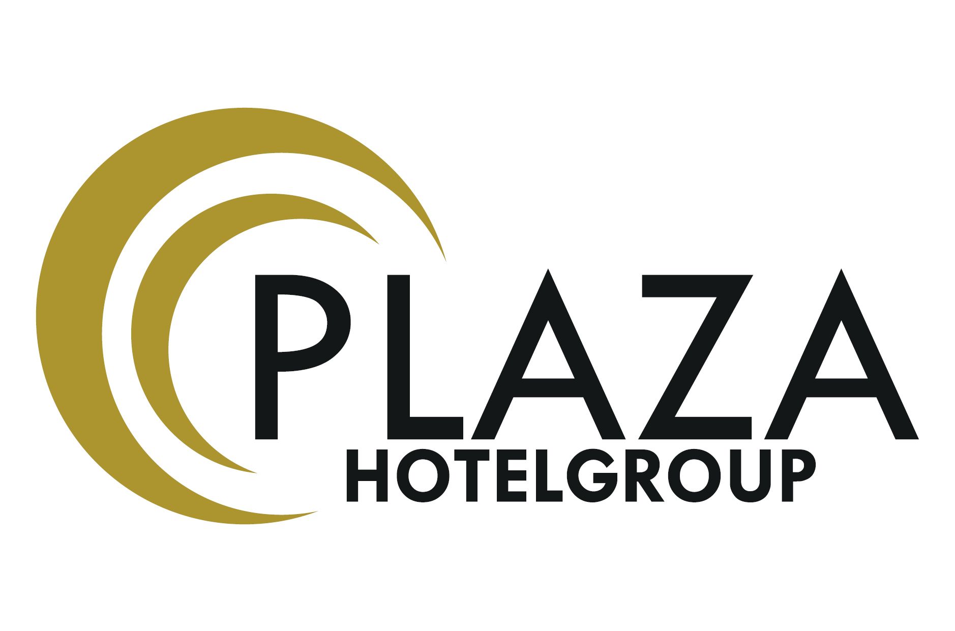 Logo of the Plaza Hotelgroup with golden semicircles and black text.