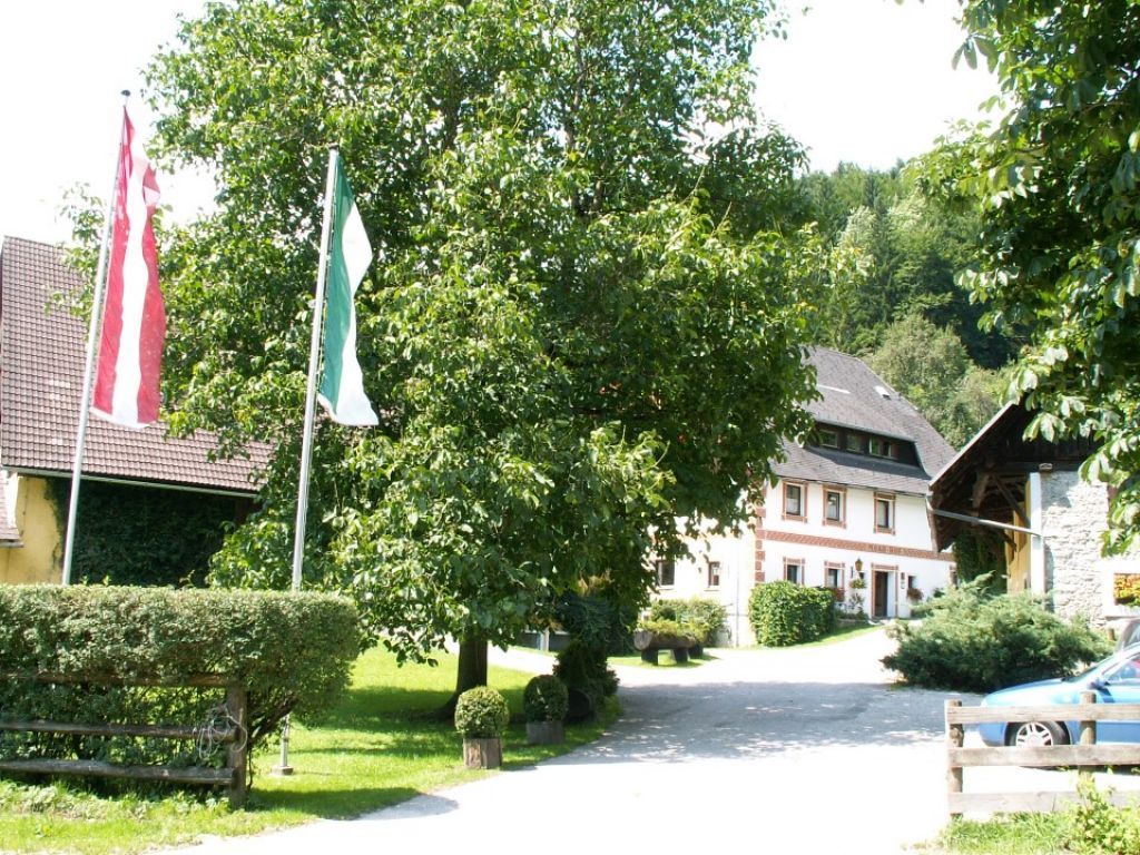 A traditional farmhouse with a garden and flags in the foreground.