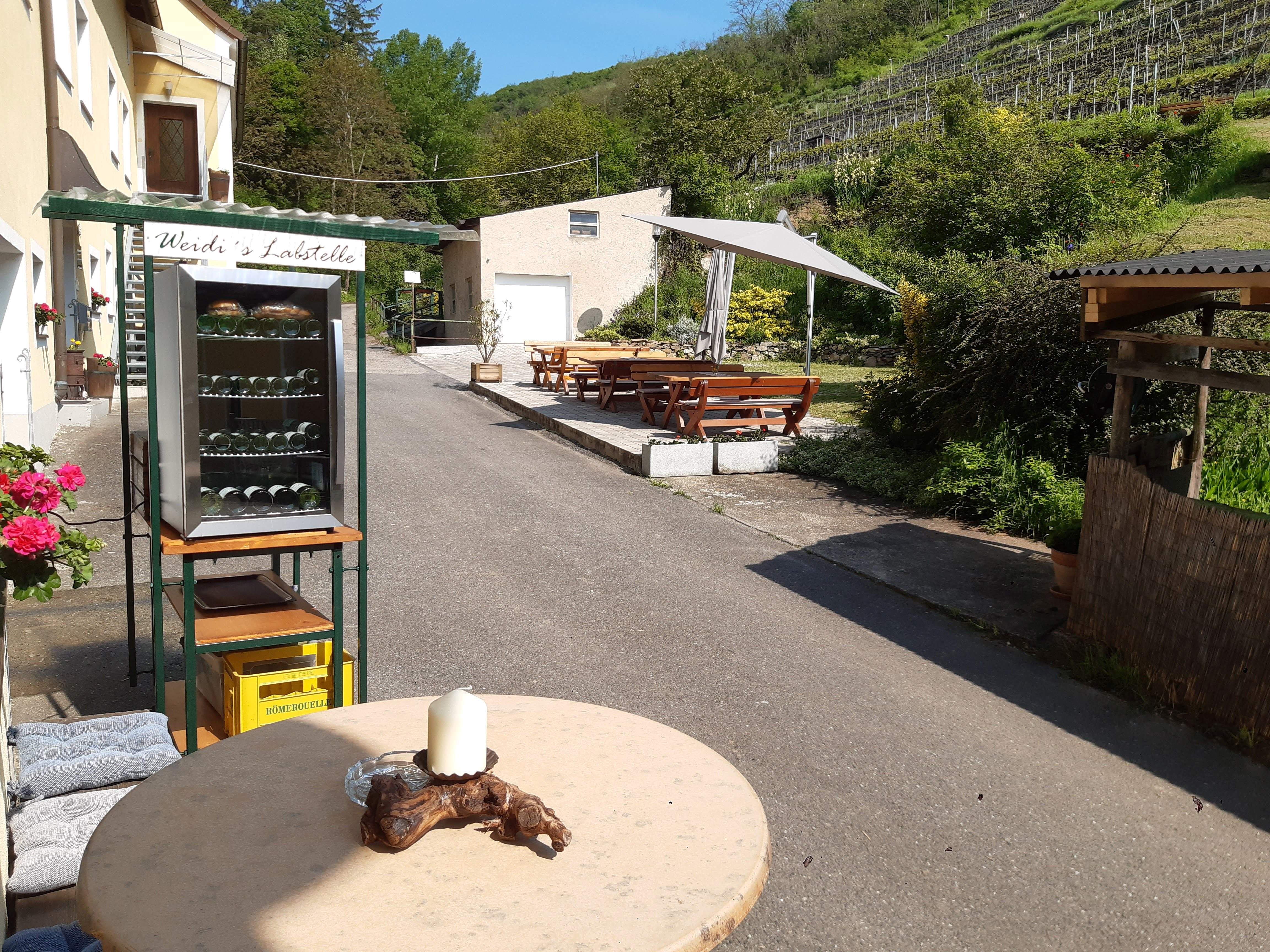 An outdoor area with a drinks fridge, tables and benches next to a vineyard.