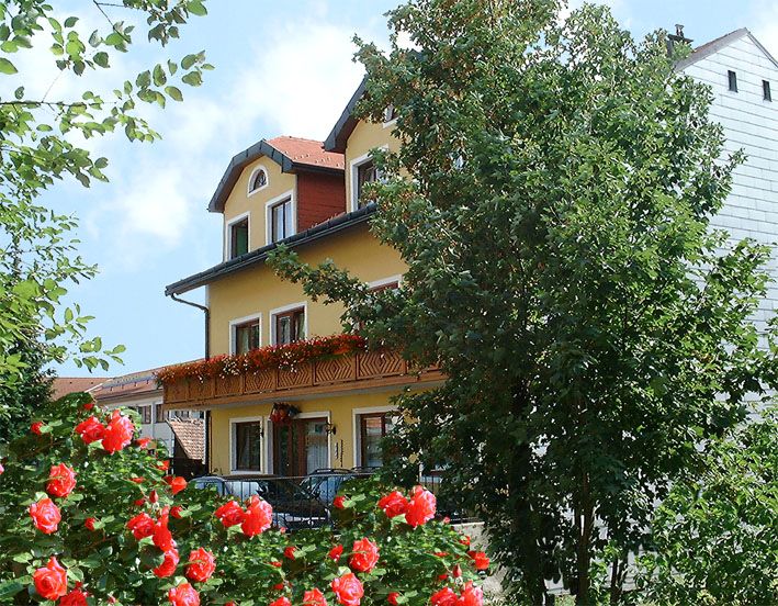 A yellow, three-storey building with red roses in the foreground and trees to the side.