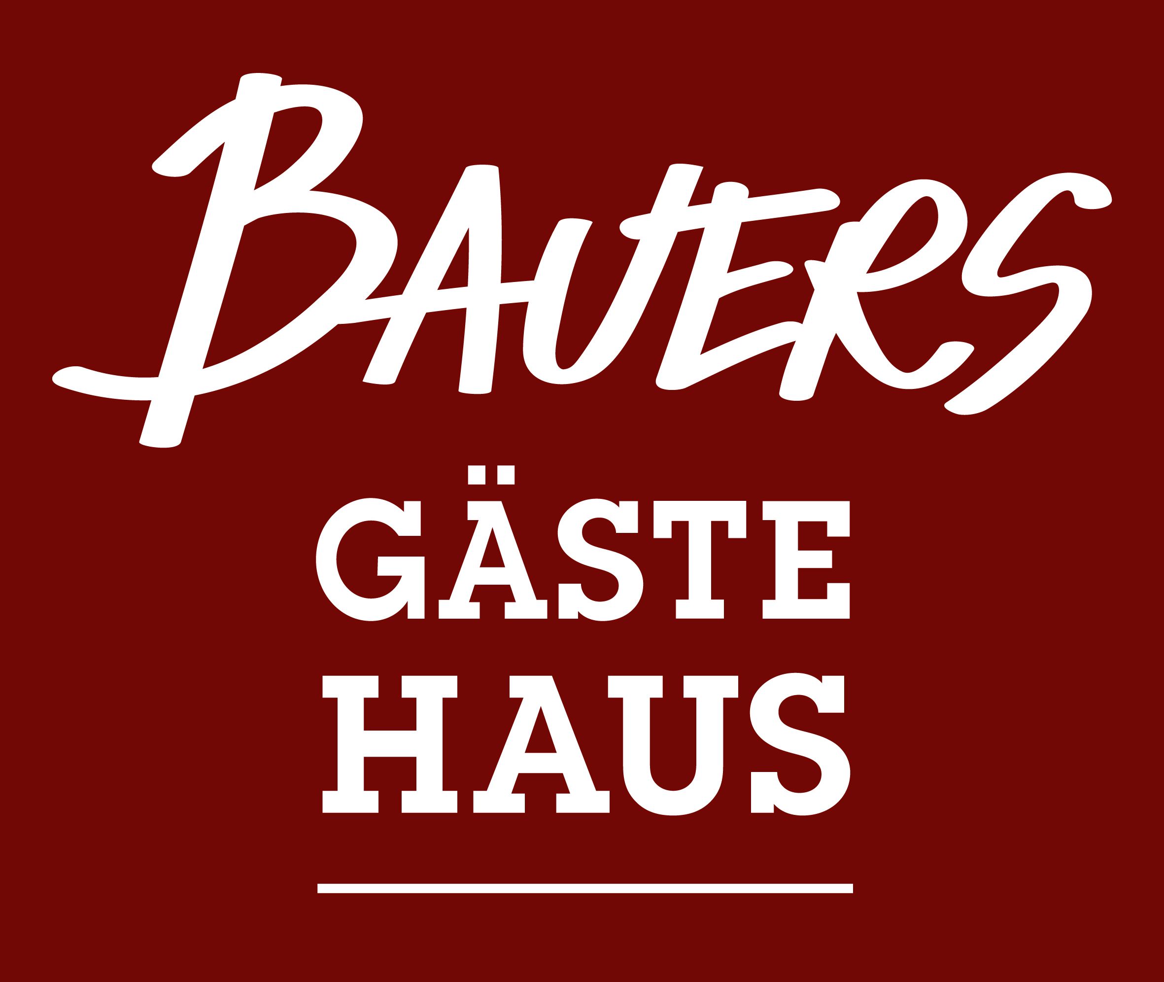 Logo with the text 'Bauers Gästehaus' in white on a dark red background.