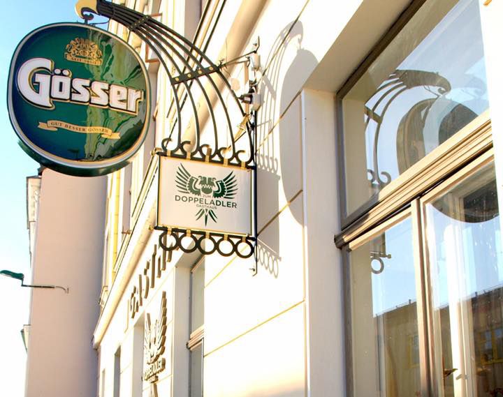 Sign of the Gasthaus zum Doppeladler with Gösser shield.