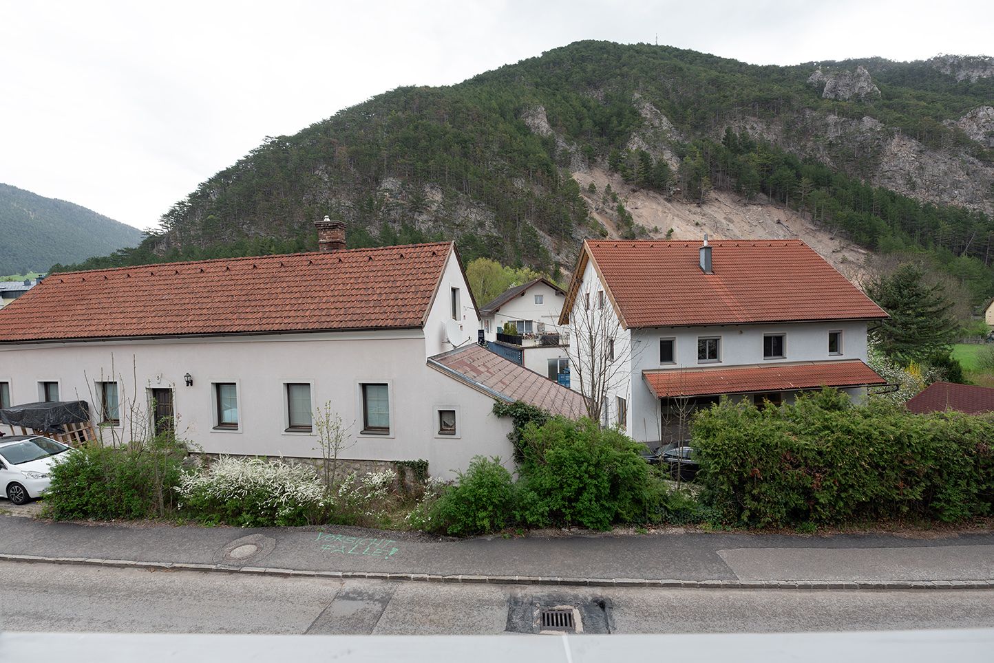 Two houses with red roofs in front of a wooded hill.