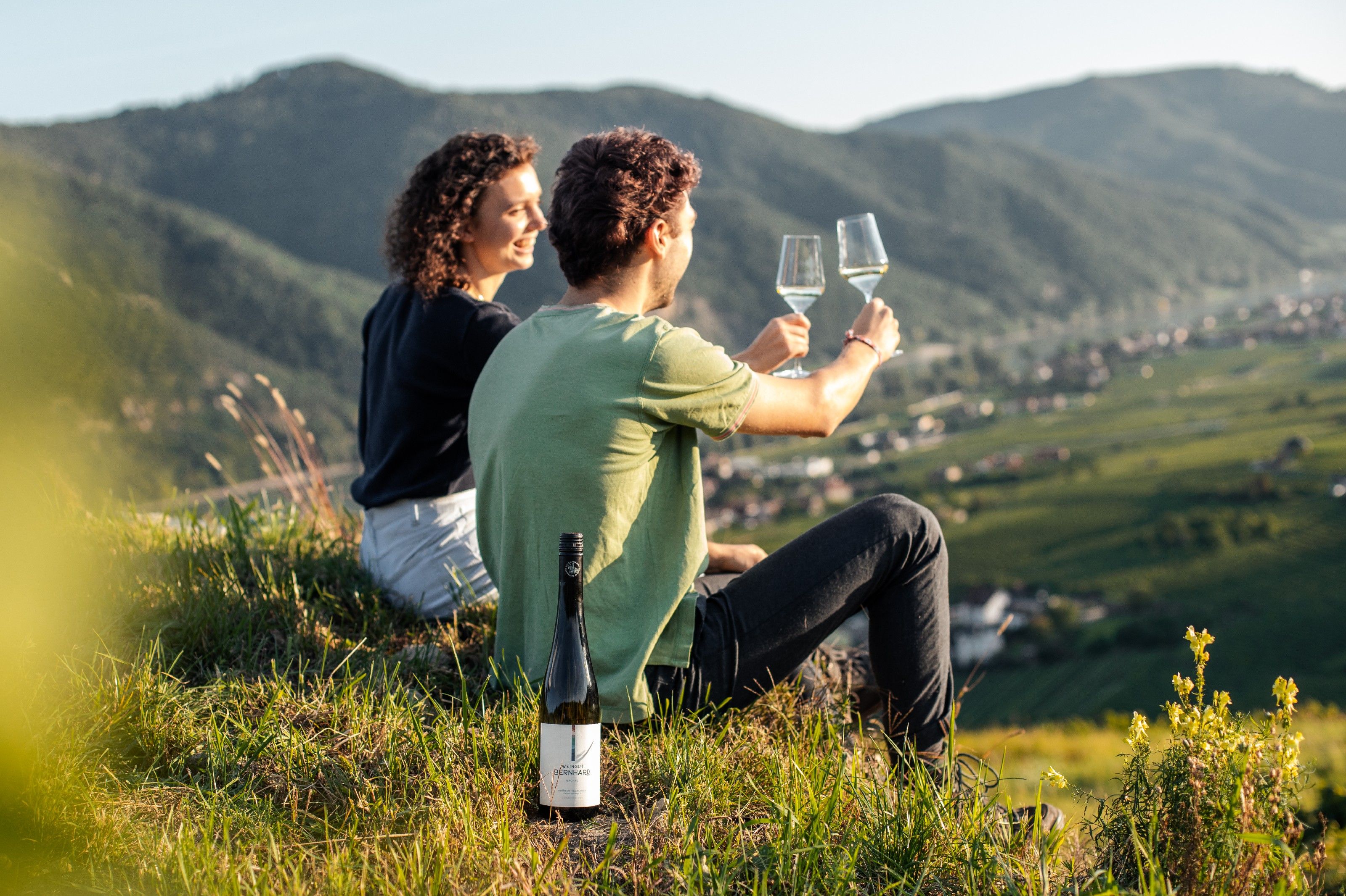 Two people sit on a hill and clink glasses of wine, with a mountain landscape in the background.