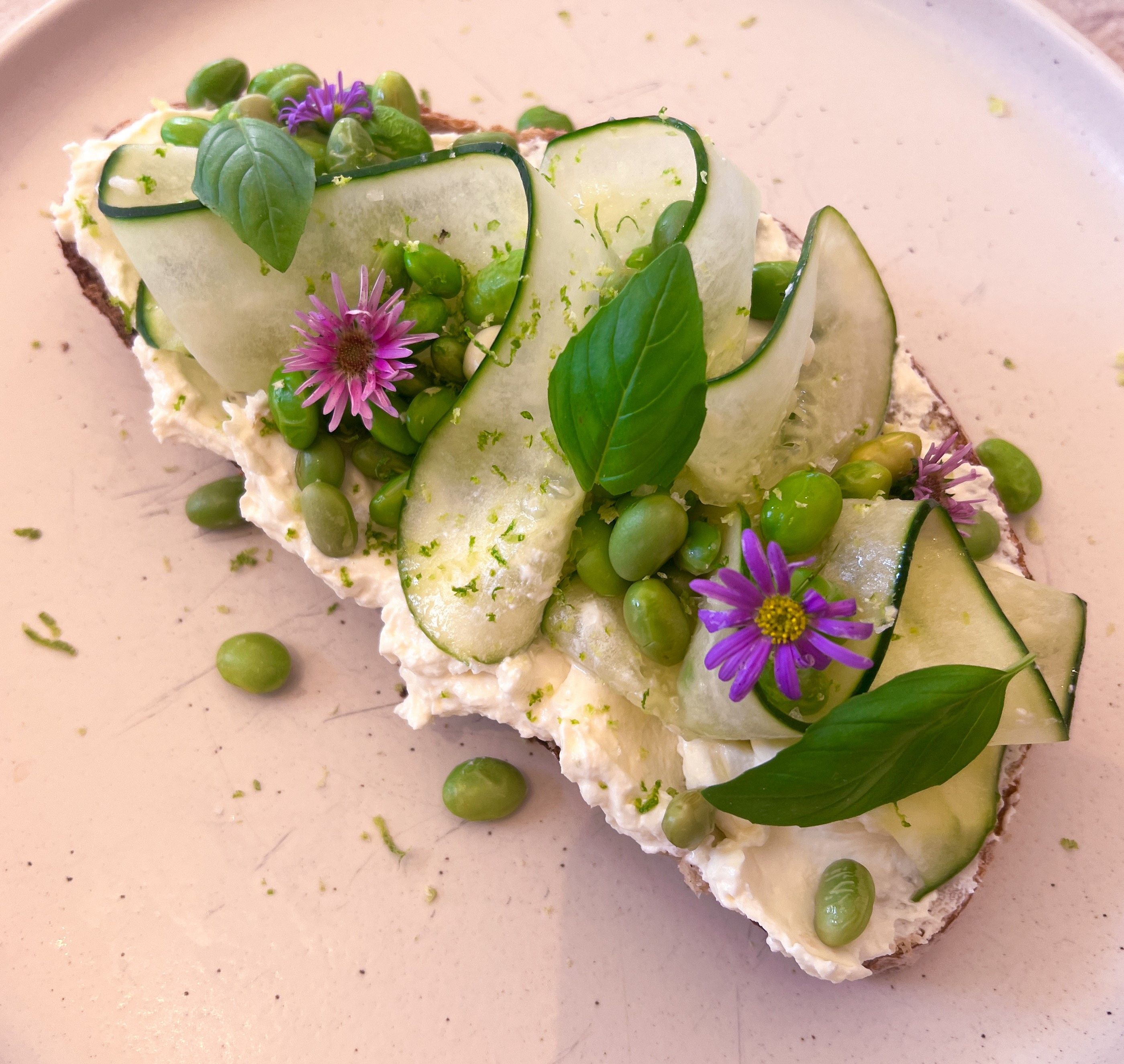 A sandwich with cream cheese, cucumber slices, edamame, basil leaves and purple flowers on a plate.