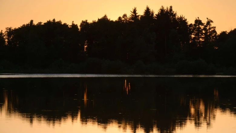 Sunset over a lake with trees in the background and their reflection in the water.