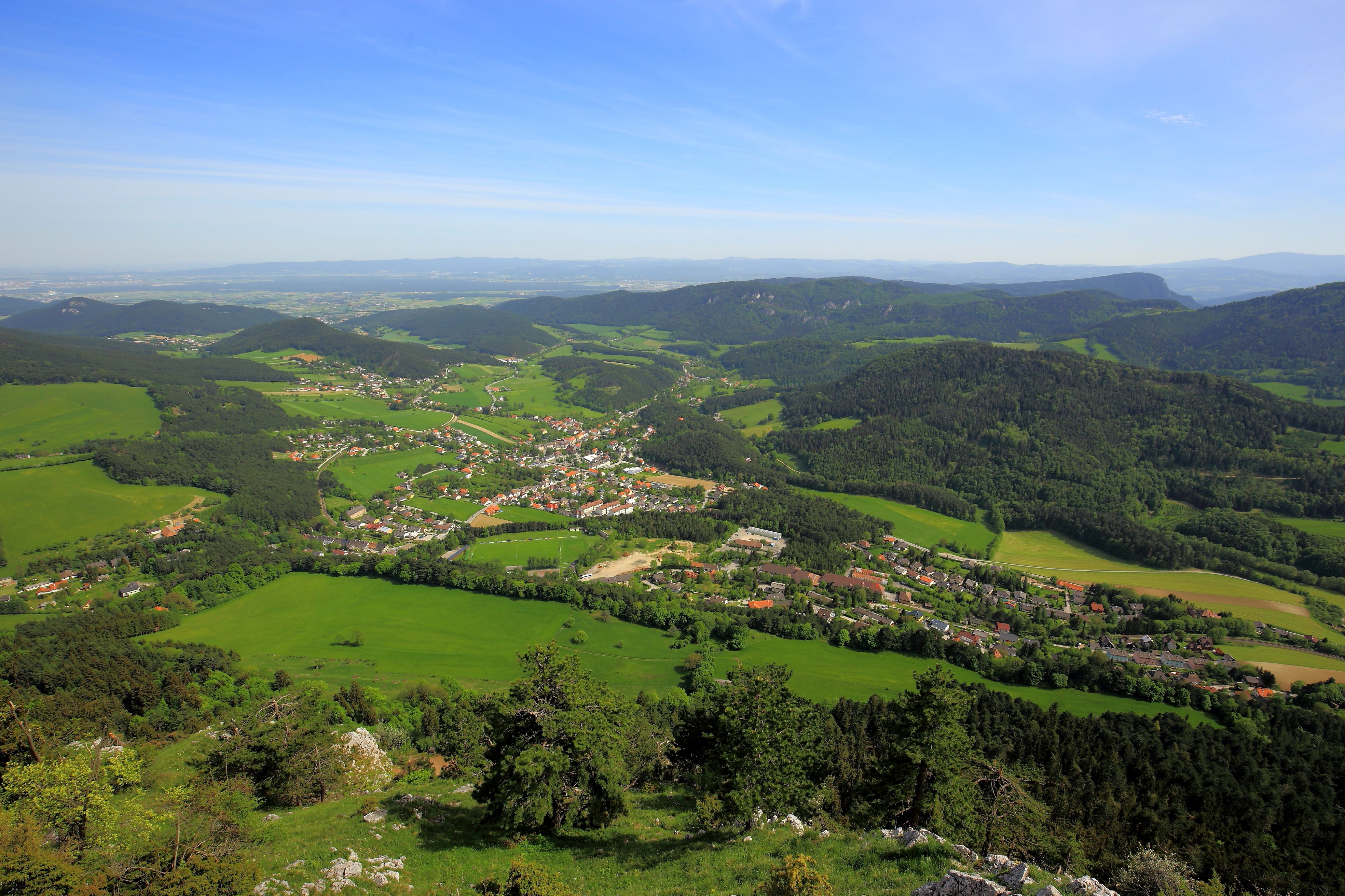 Aerial view of Grünbach am Schneeberg with green fields and forests.