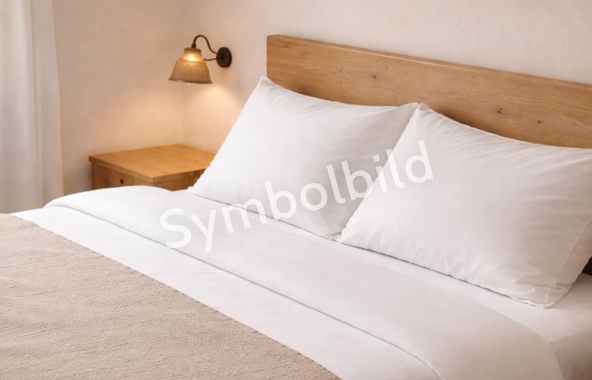 A cozy bed with white pillows and bedding, next to it a nightstand with a lamp. The image has a watermark that reads "Symbolic Image."
