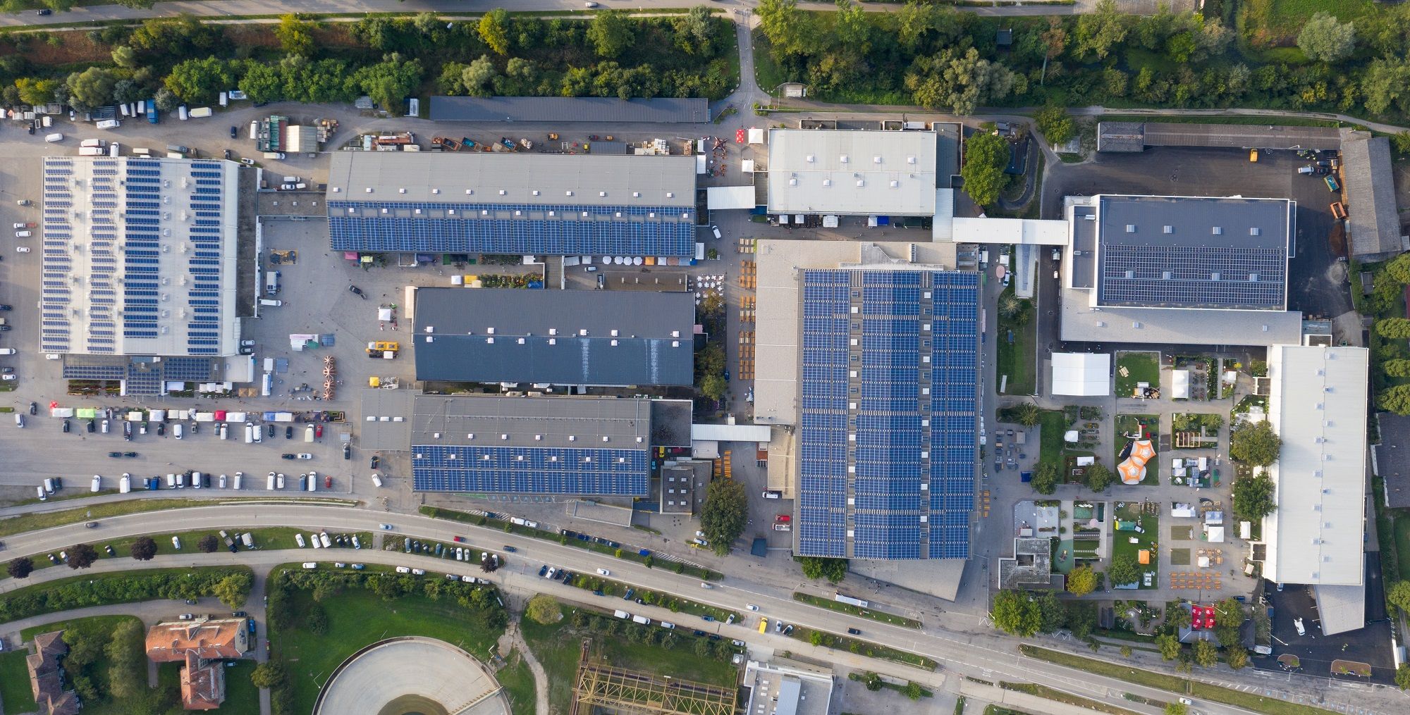 Aerial view of the Tulln exhibition center with solar panels on the roofs.
