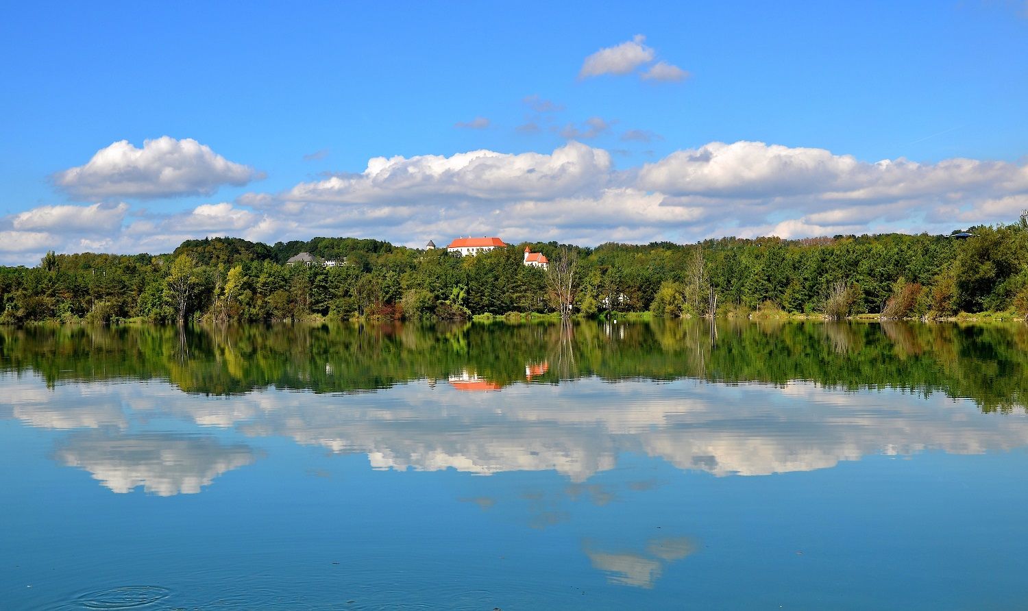 A lake with a reflection of trees and clouds, in the background a building with a red roof.