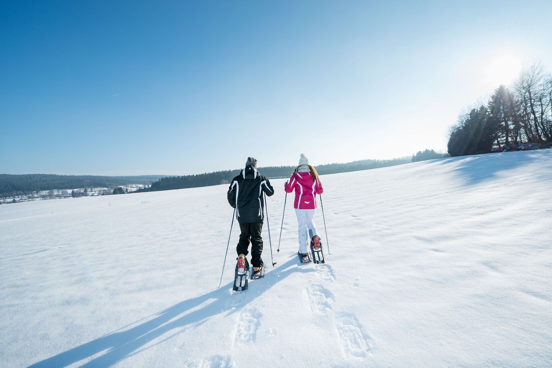 Two people snowshoeing in a snow-covered field under a blue sky.
