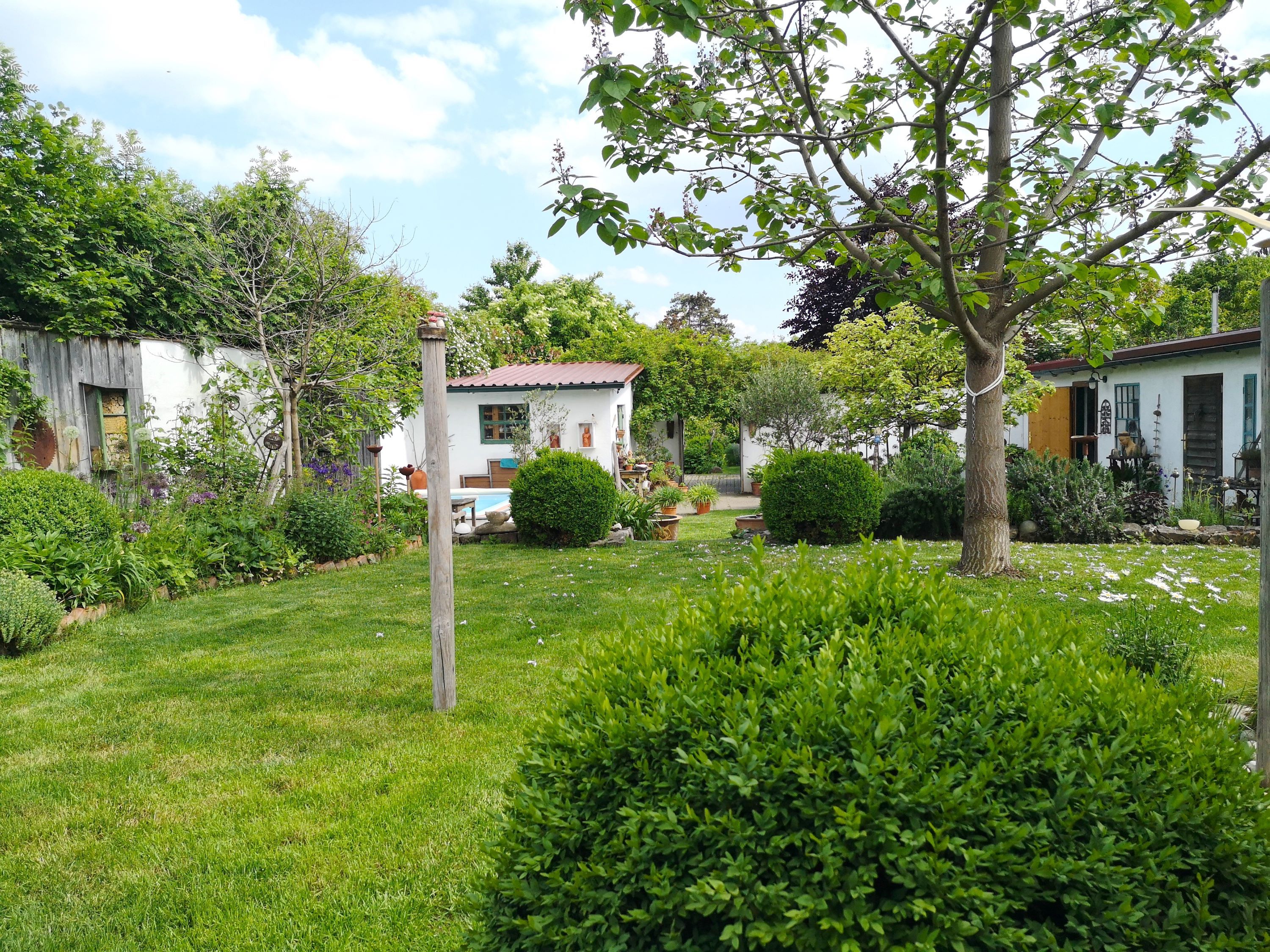 A well-tended garden with lawn, trees and shrubs, surrounded by white buildings and a blue sky in the background.