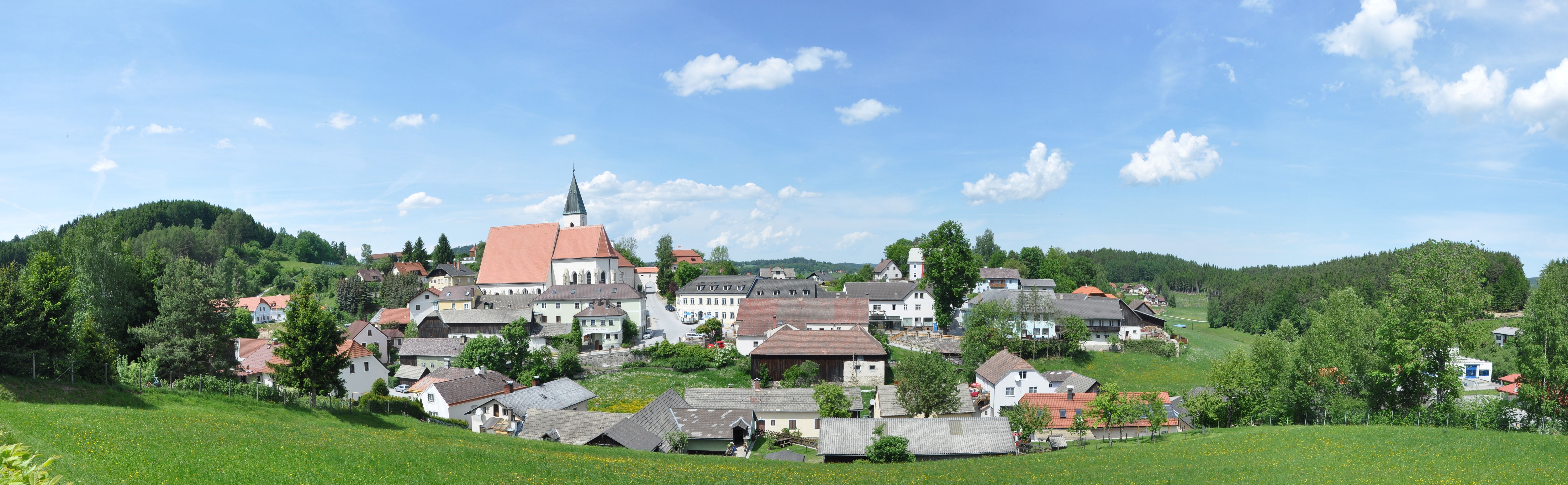 Panorama of the market town of Schönbach with church and surrounding houses, surrounded by green meadows and forests under a blue sky.