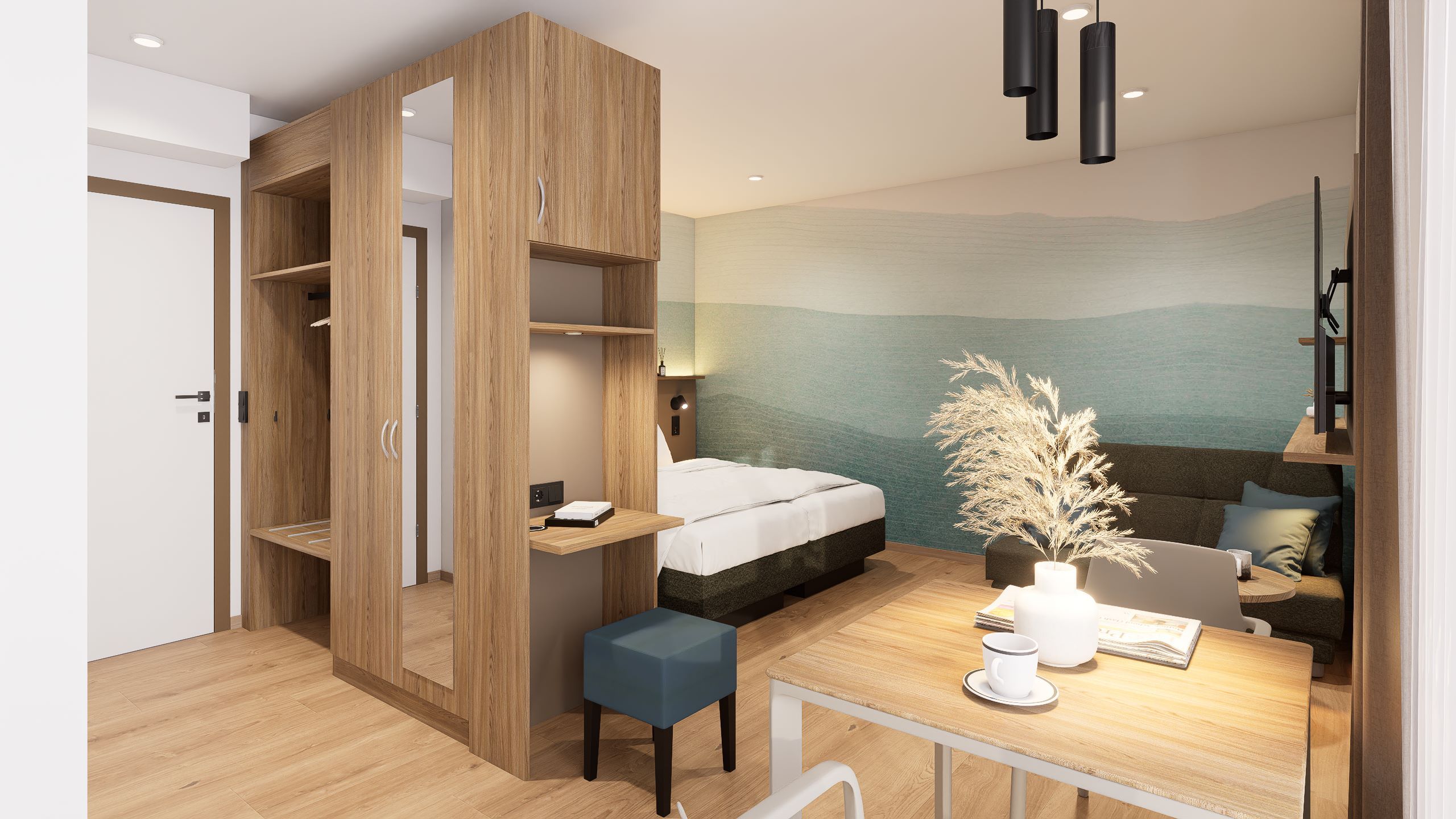 Modern apartment with wooden furniture, a bed, a small table and chair and decorative plants.